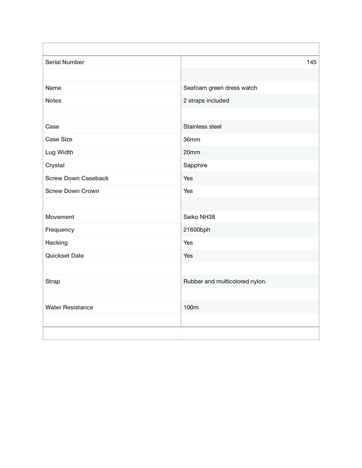 36mm Seafoam sport watch. 2 straps included.