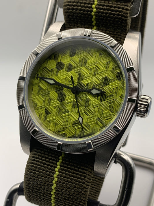 Moss Man. 38mm Engine turned stainless steel case. Sapphire crystal. Seiko NH38.