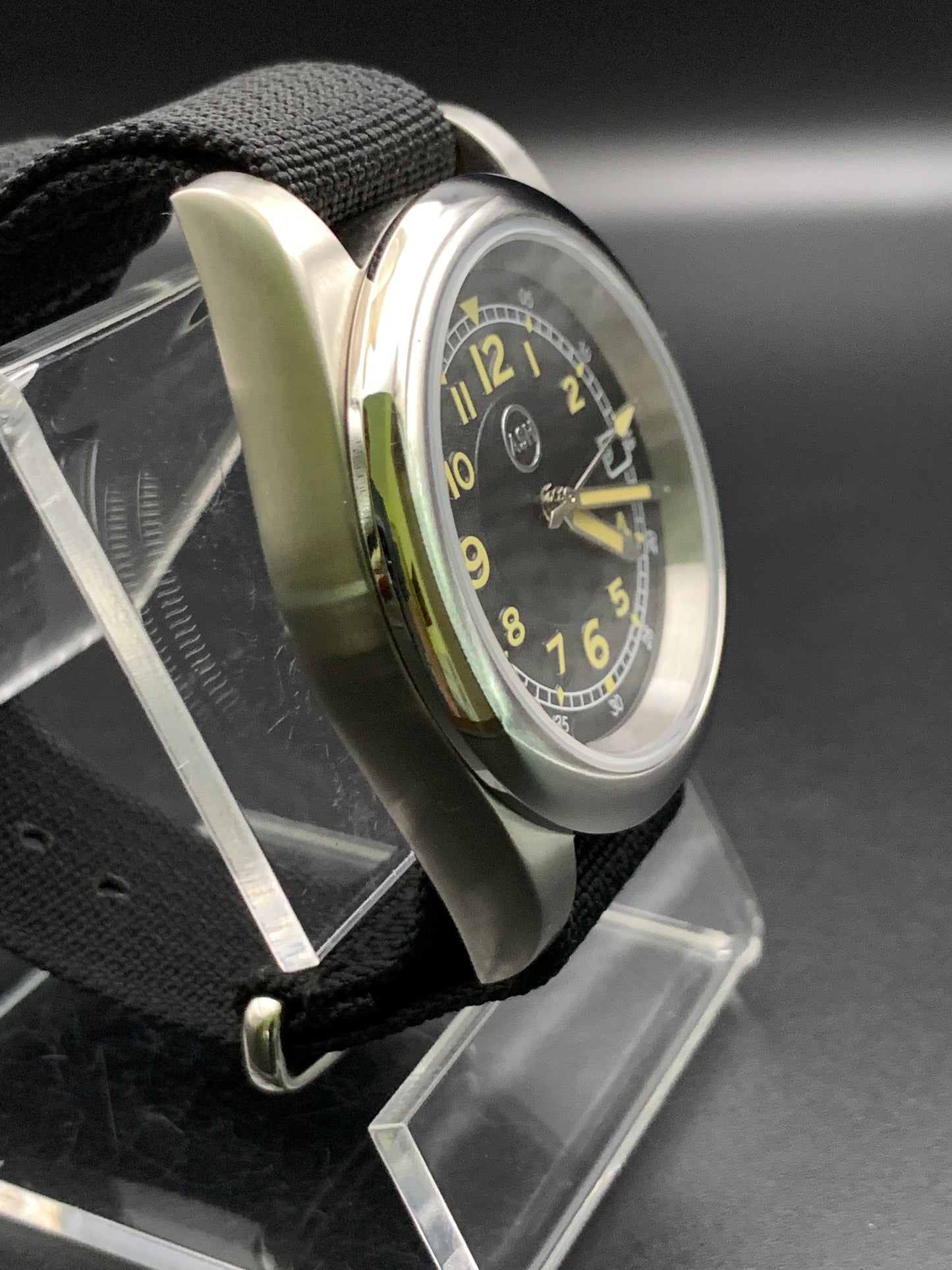 Black and yellow 39mm field watch.