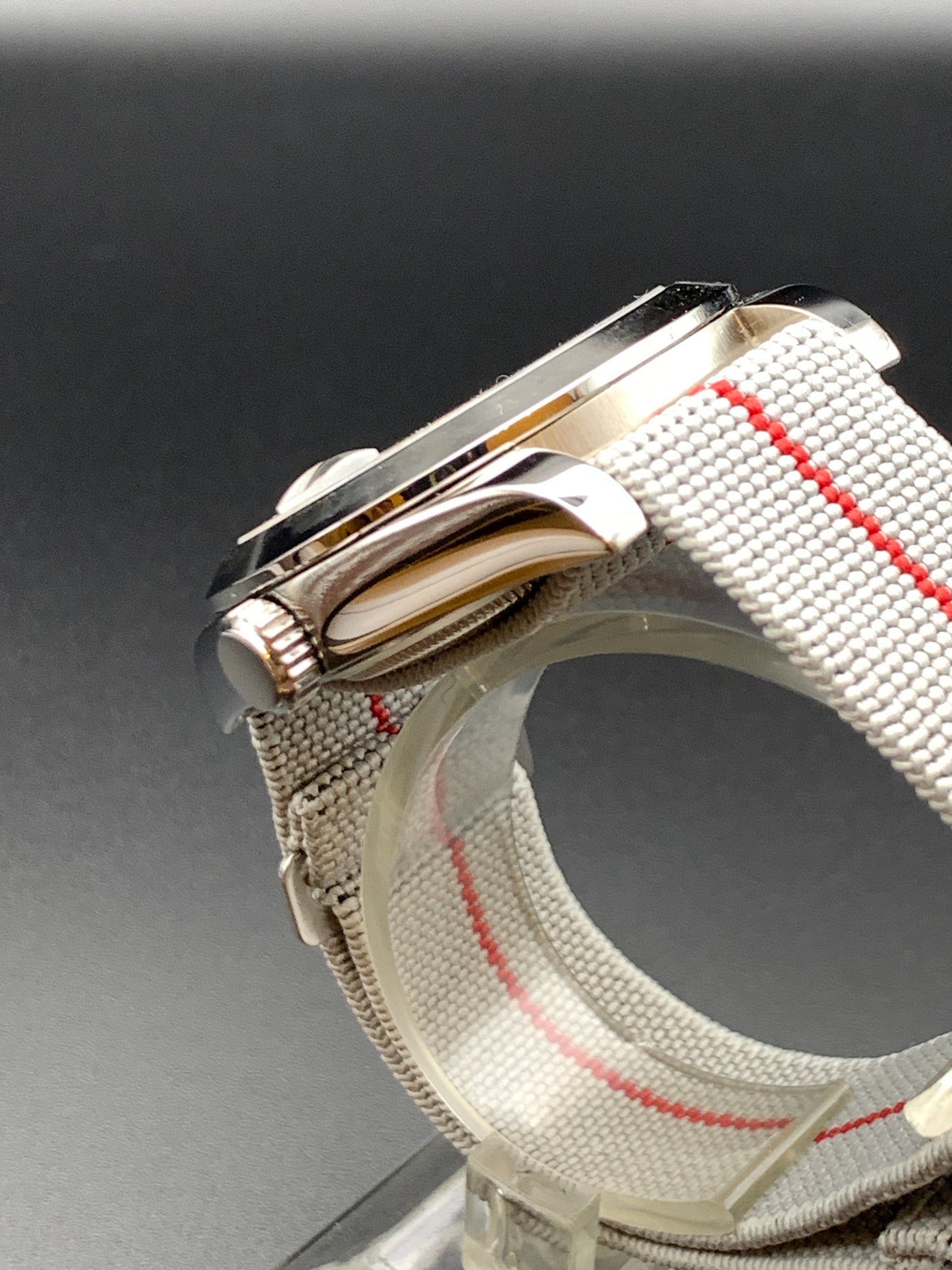 White Mother of Pearl Dial Red Accents. Seiko NH35 Automatic