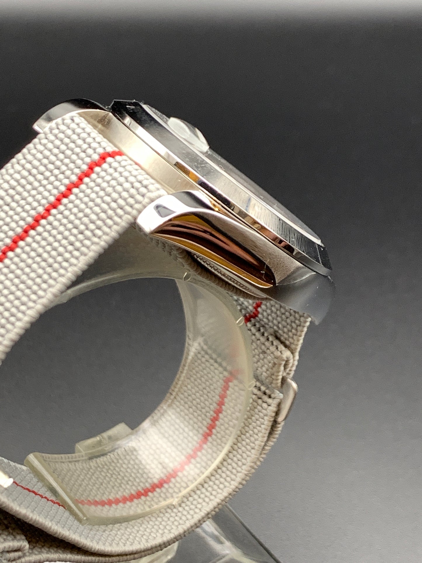 White Mother of Pearl Dial Red Accents. Seiko NH35 Automatic