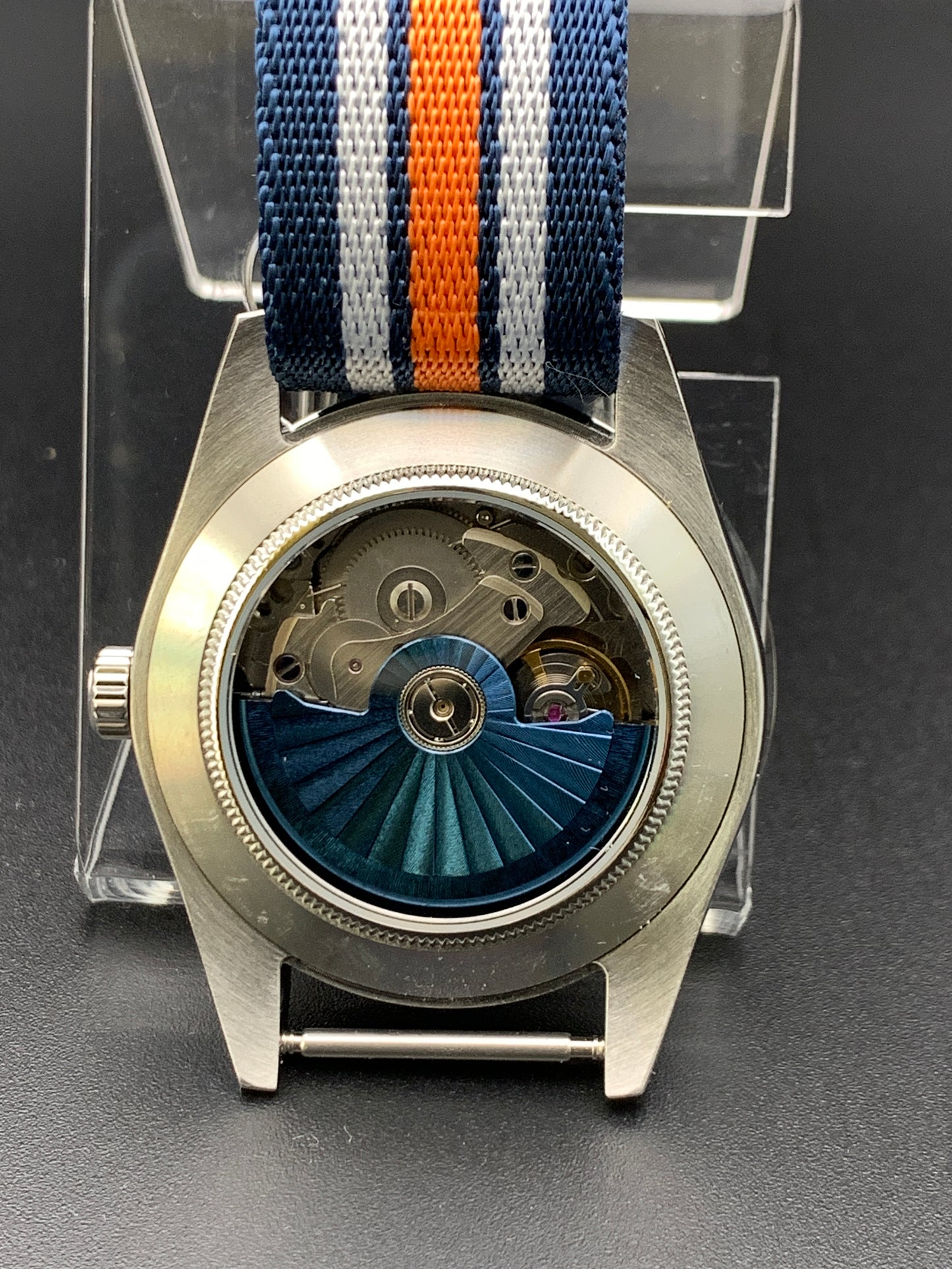 Blue and Orange New York Mets inspired wristwatch. Seiko NH38.