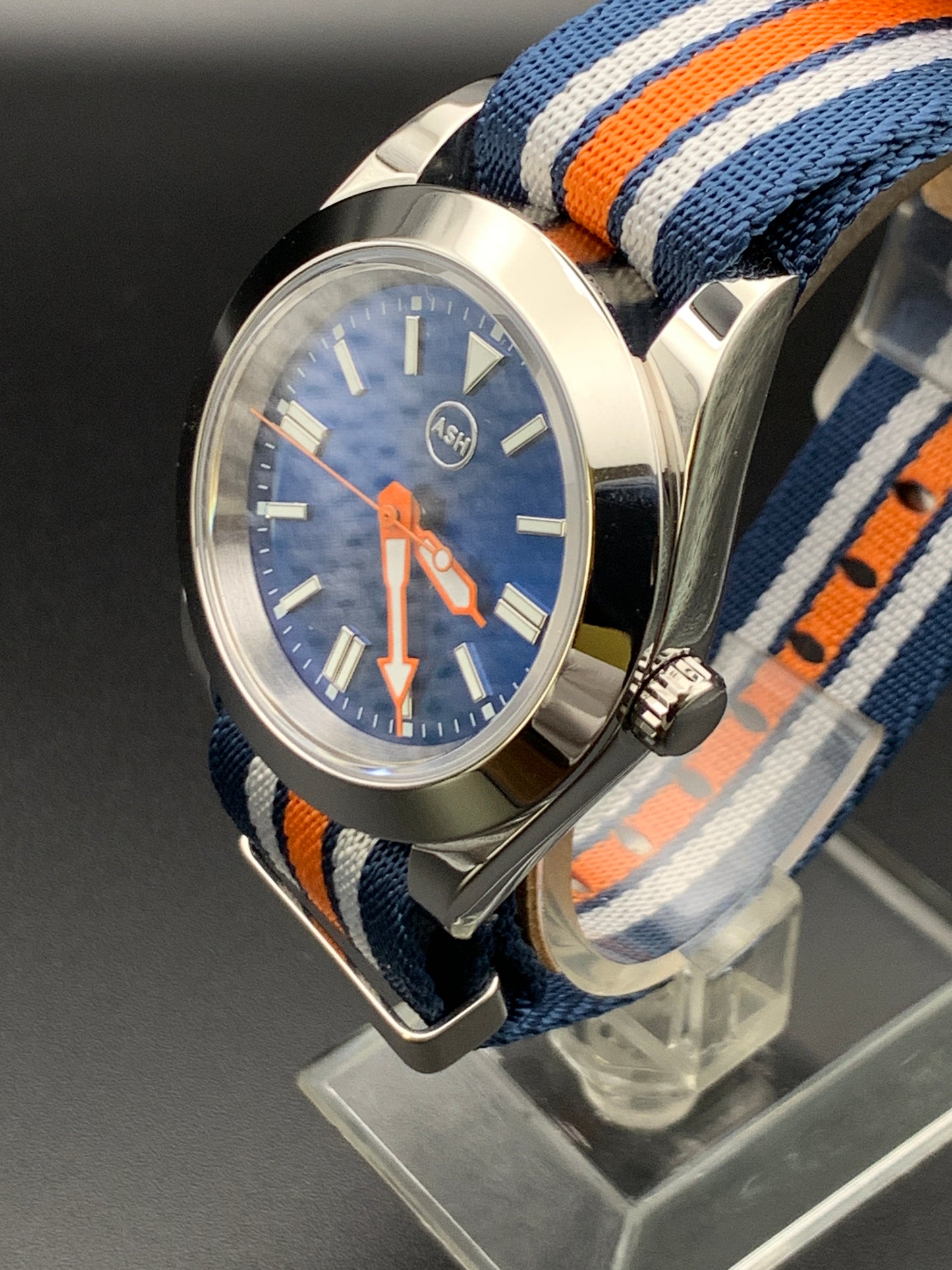 Blue and Orange New York Mets inspired wristwatch. Seiko NH38.