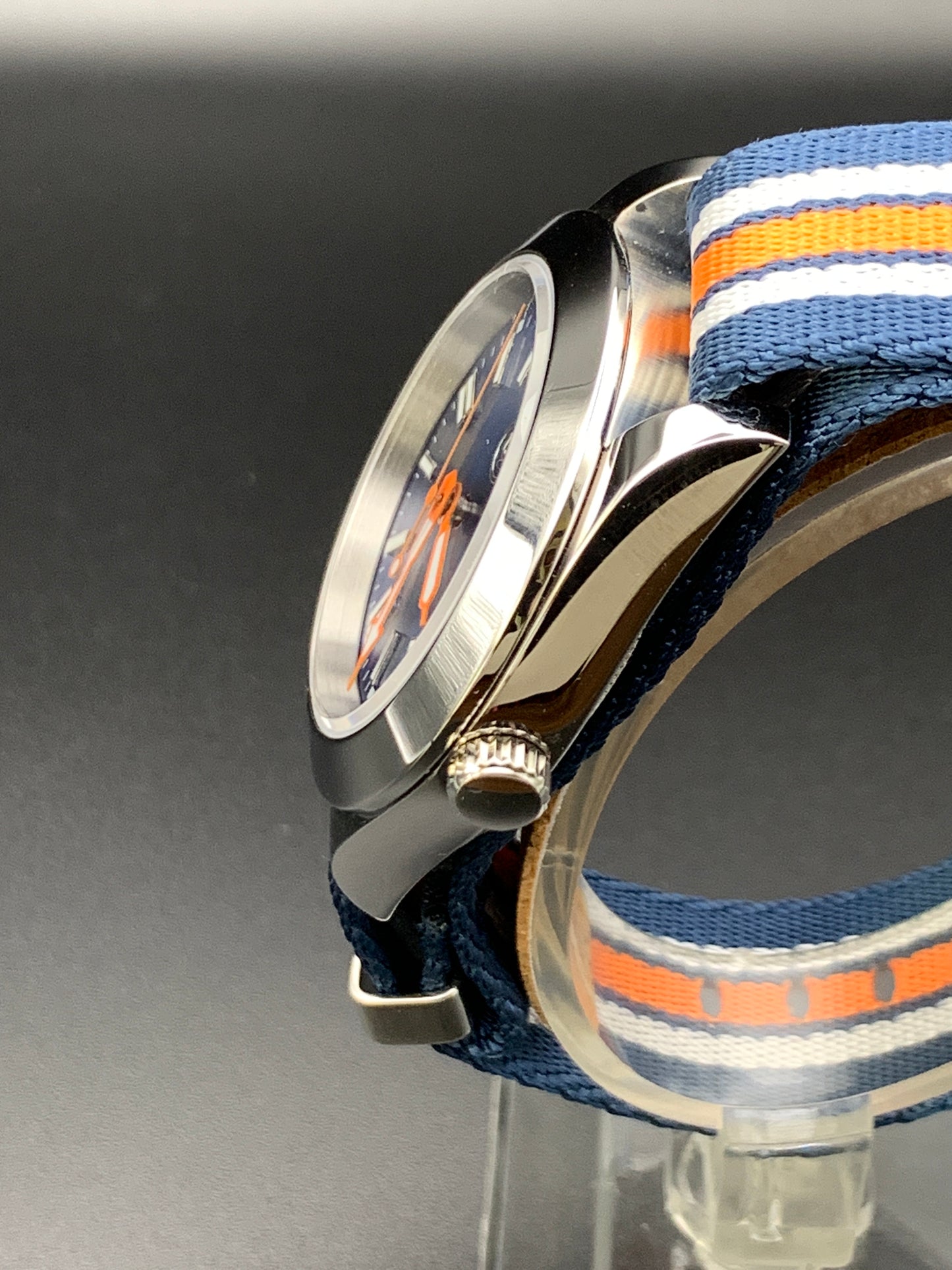Blue and Orange New York Mets inspired wristwatch. Seiko NH38.