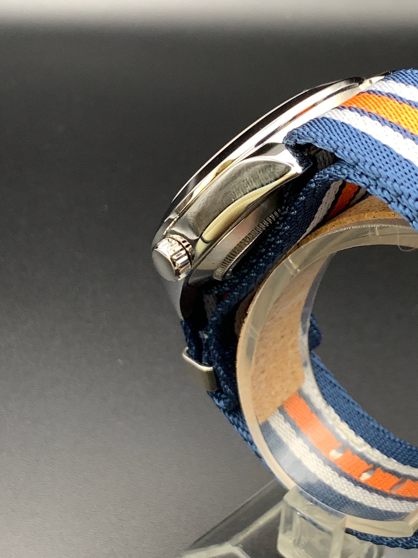 Blue and Orange New York Mets inspired wristwatch. Seiko NH38.