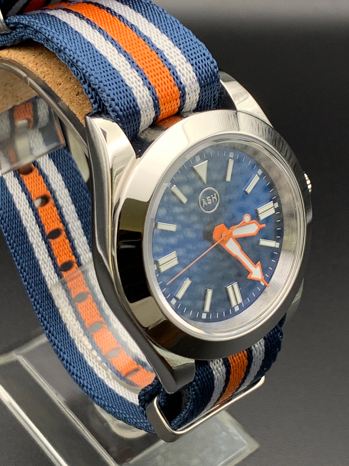 Blue and Orange New York Mets inspired wristwatch. Seiko NH38.
