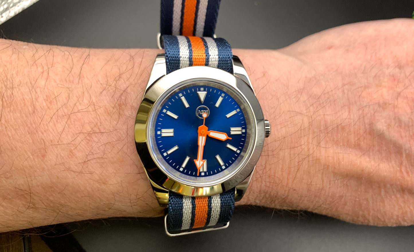 Blue and Orange New York Mets inspired wristwatch. Seiko NH38.