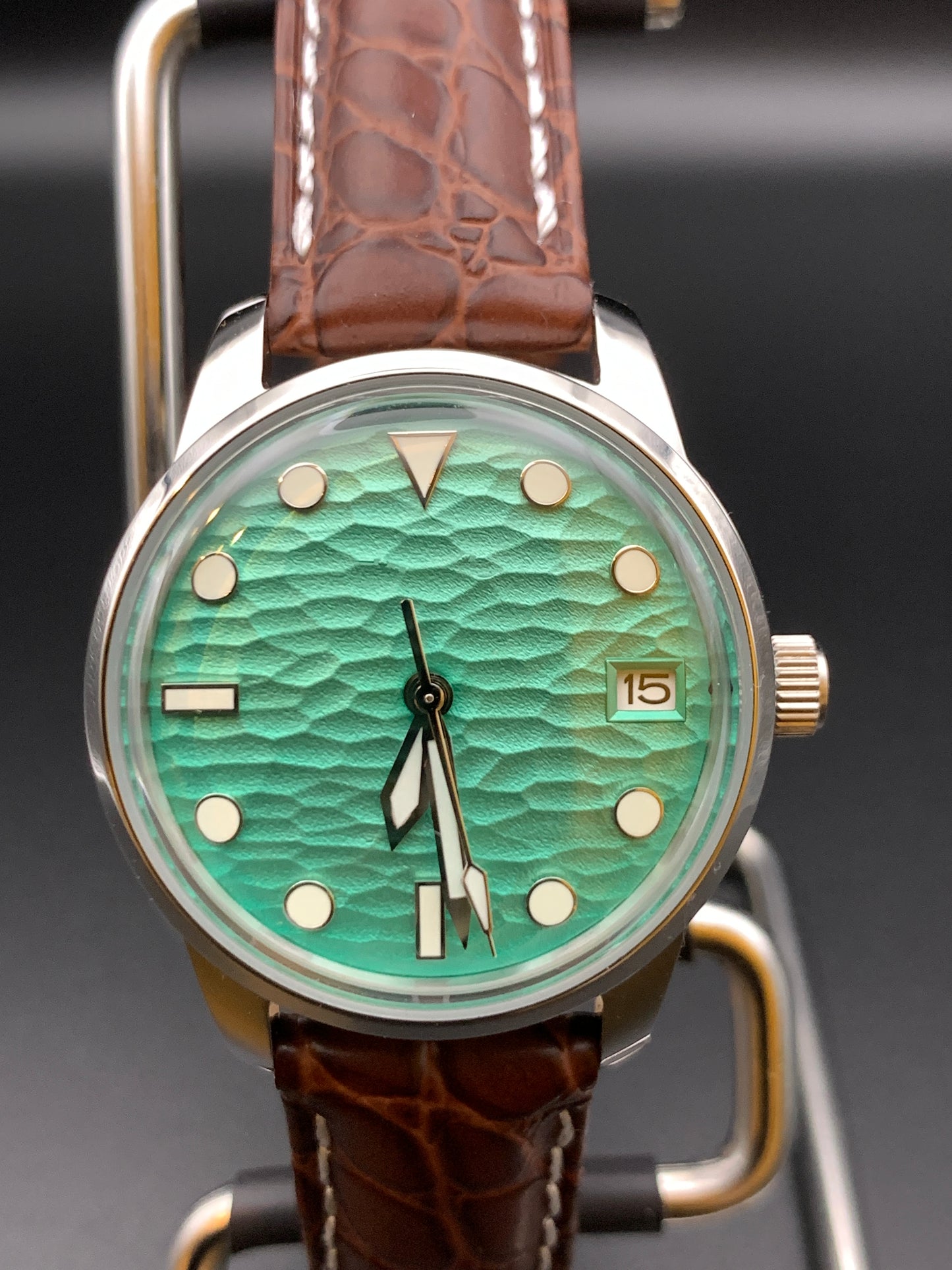 Seafoam Green Wave Dial Dress Watch. Seiko NH35 Automatic.