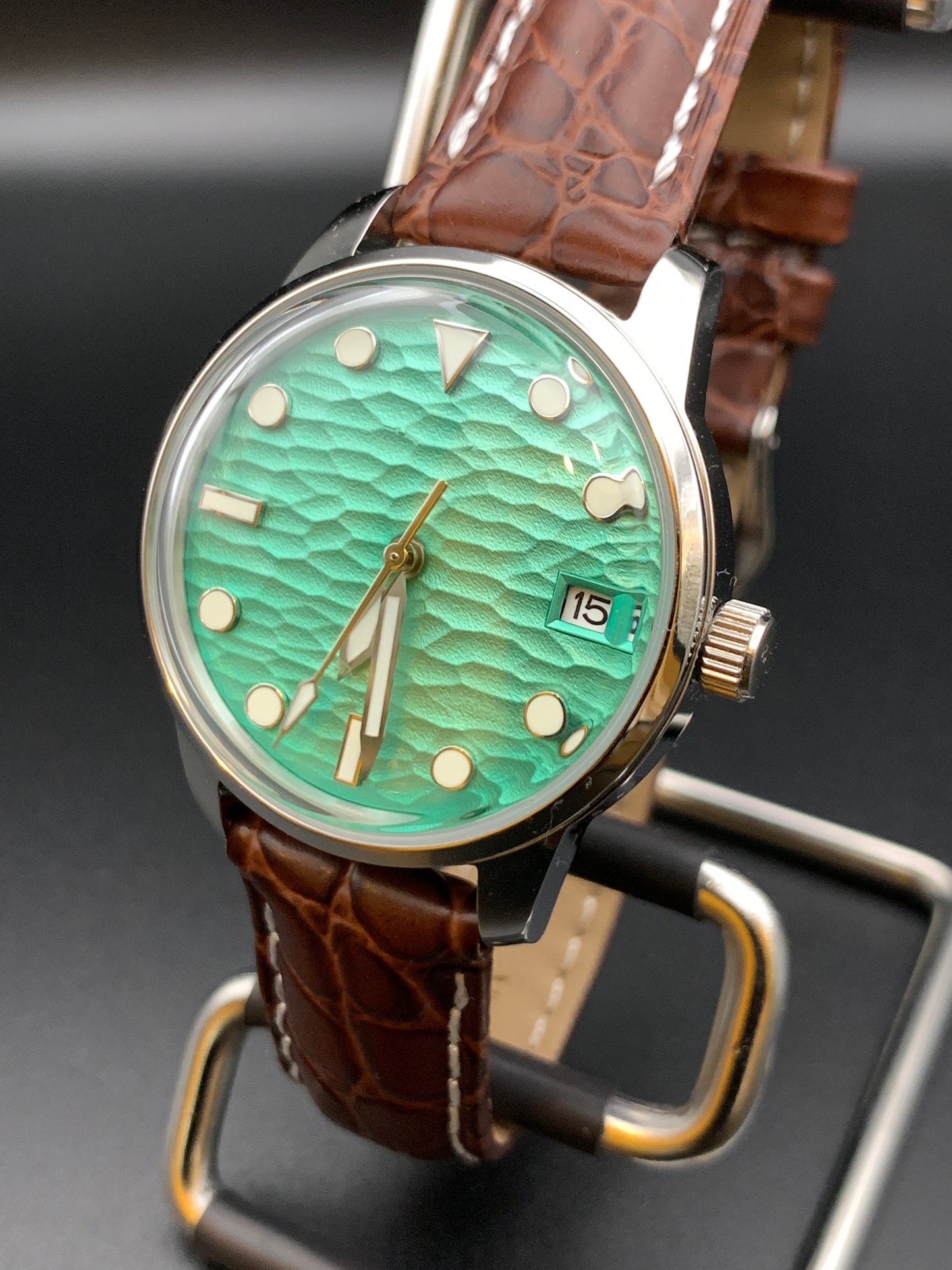 Seafoam Green Wave Dial Dress Watch. Seiko NH35 Automatic.