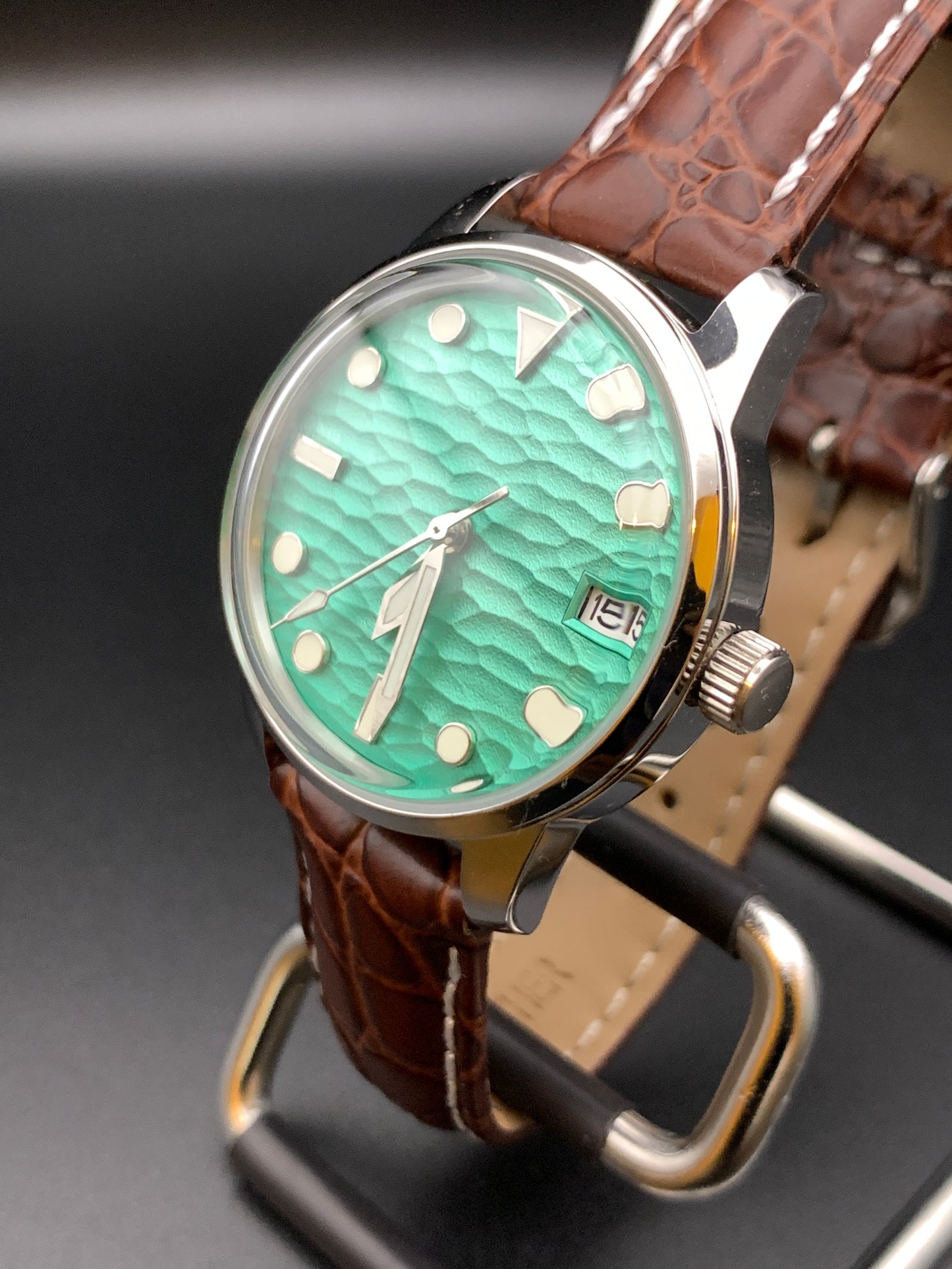 Seafoam Green Wave Dial Dress Watch. Seiko NH35 Automatic.