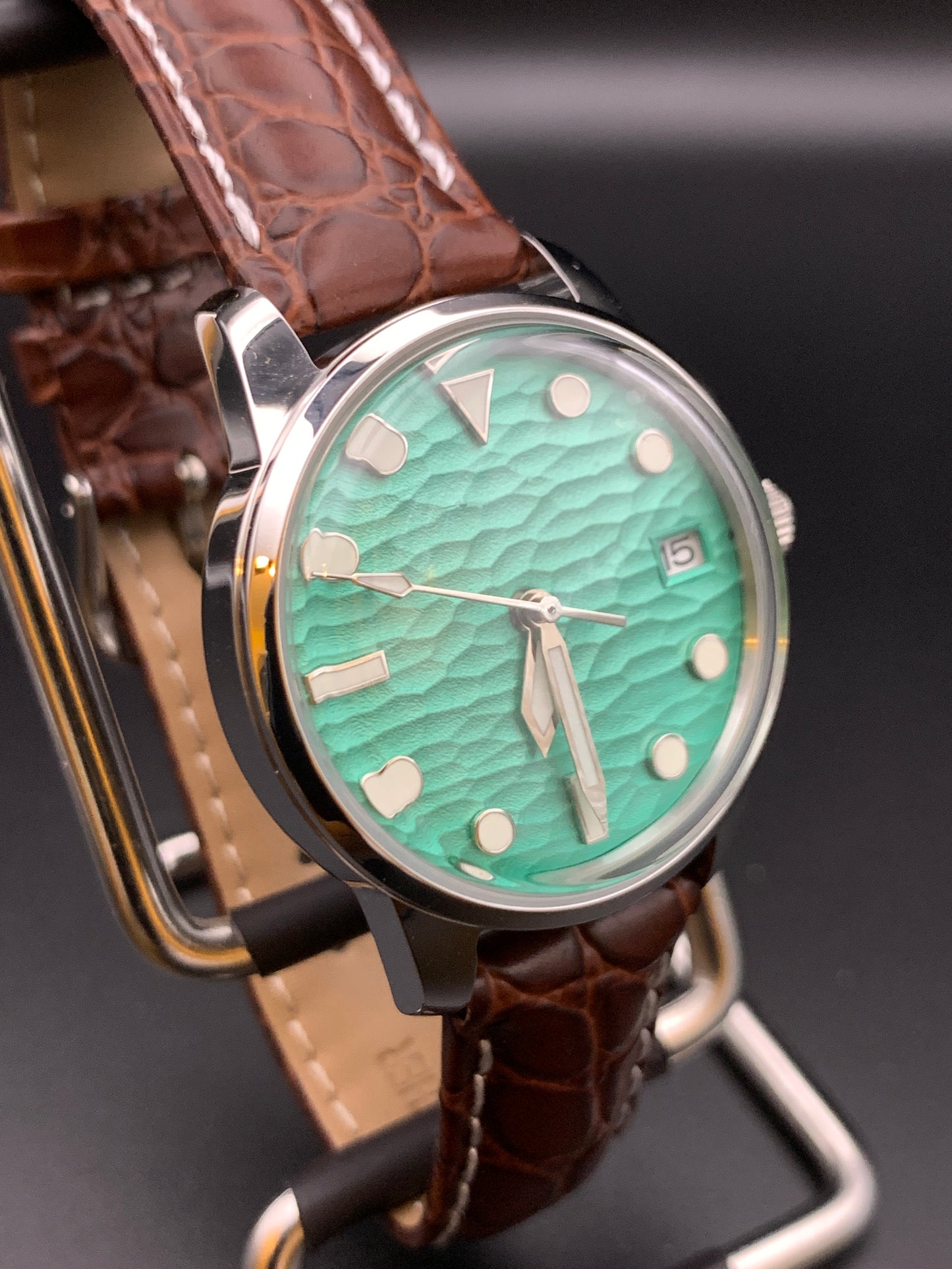 Seafoam Green Wave Dial Dress Watch. Seiko NH35 Automatic.