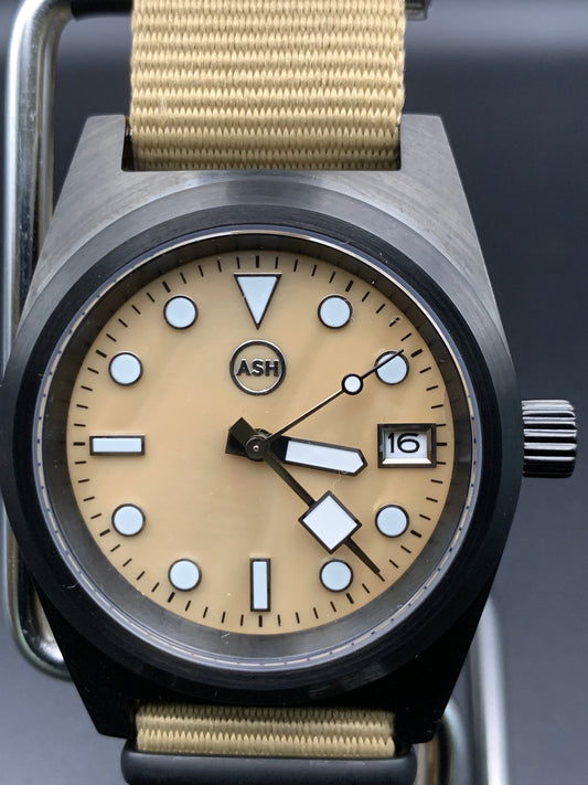 Black and Tan. 39mm PVD Sport Watch. Sapphire crystal. NH35 automatic.