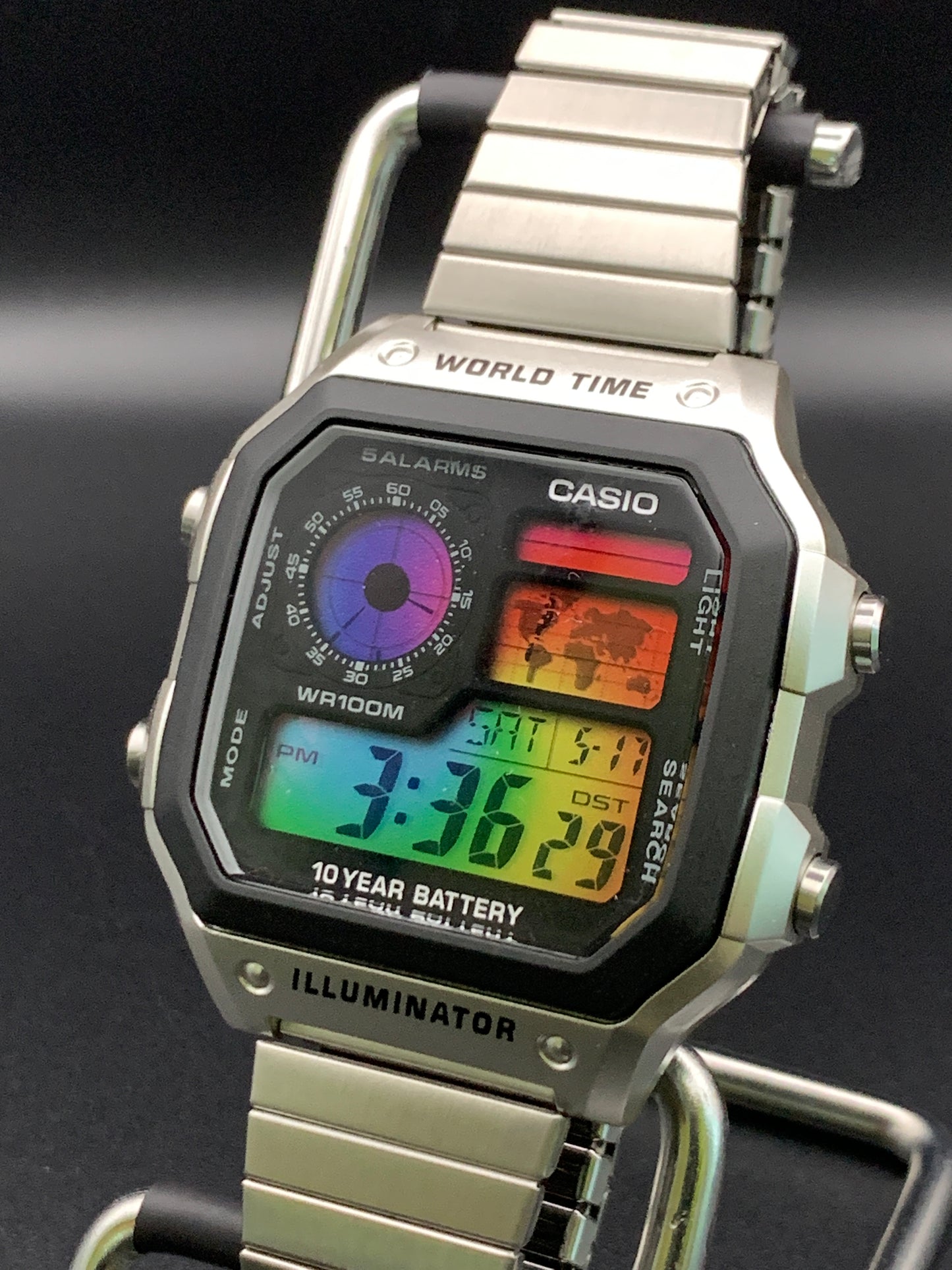 Casio AE-1200. Hydromod. Spiral rainbow filter. Bracelet