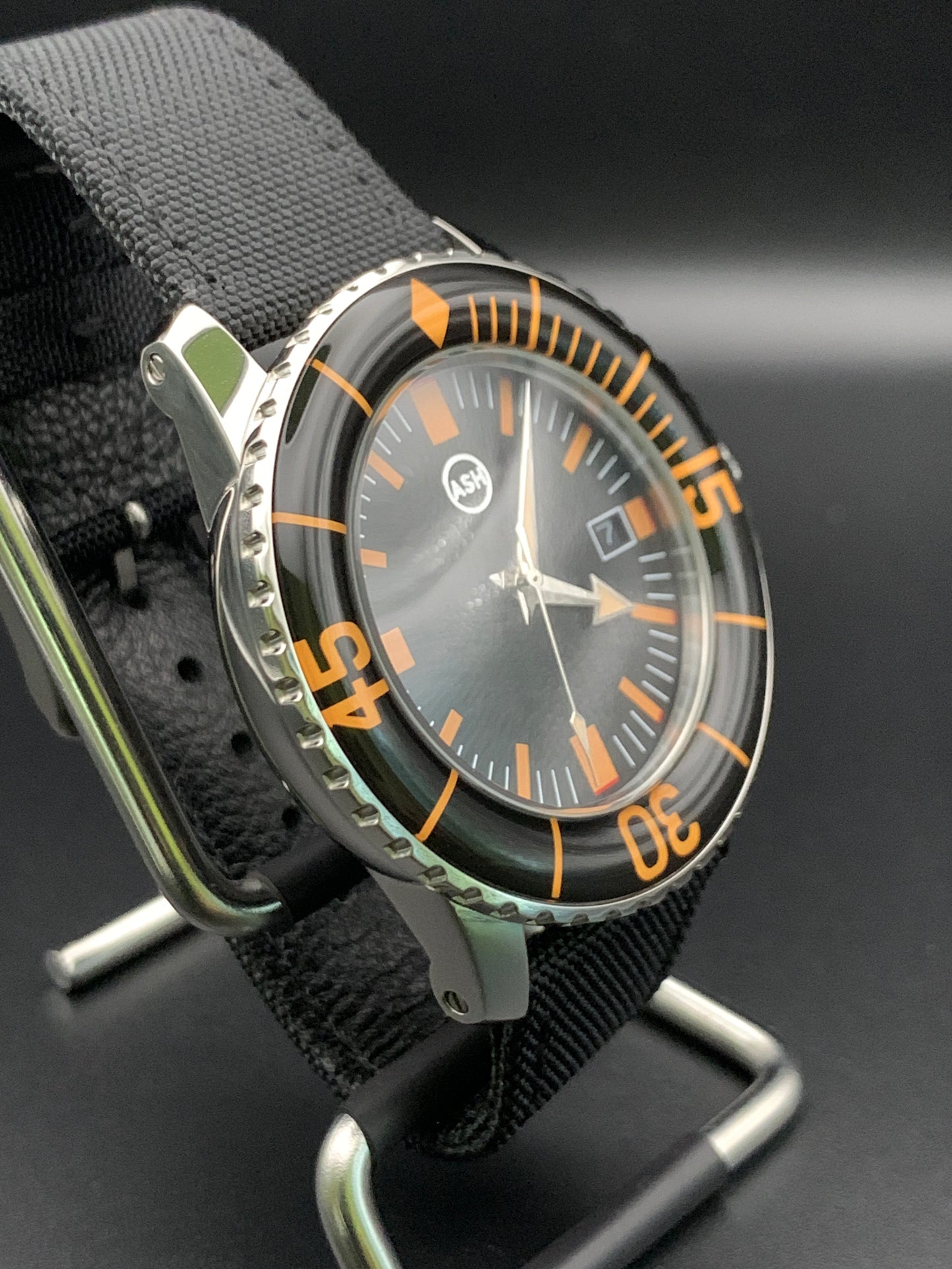 Classic Black and Orange Dive Watch. Seiko NH35 Automatic.