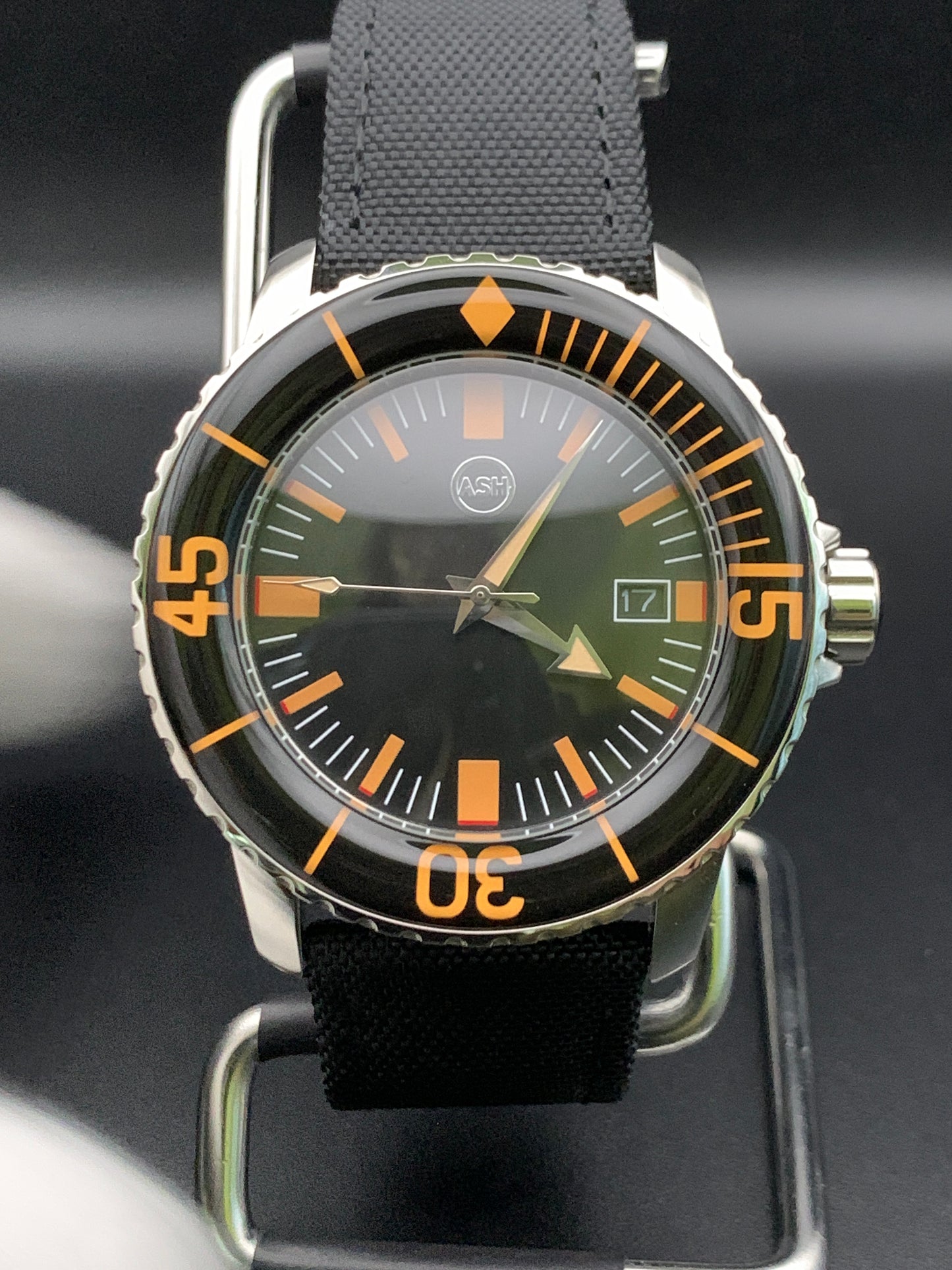 Classic Black and Orange Dive Watch. Seiko NH35 Automatic.