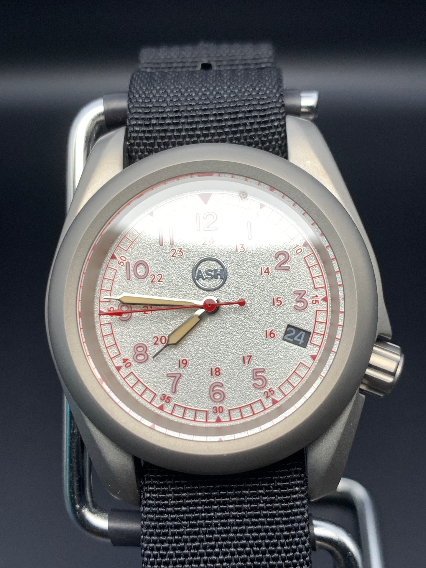 38mm Titanium Field Watch. Red and silver dial. Seiko NH35.