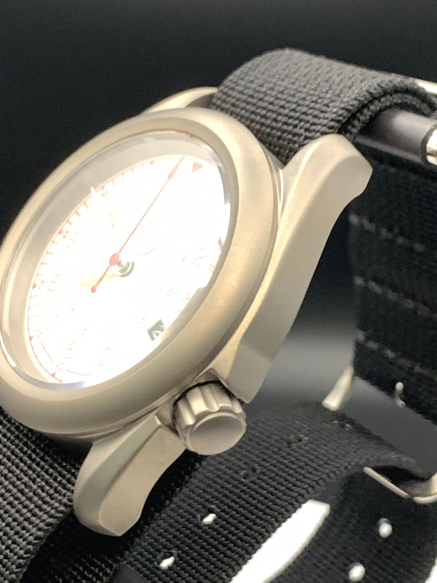 38mm Titanium Field Watch. Red and silver dial. Seiko NH35.