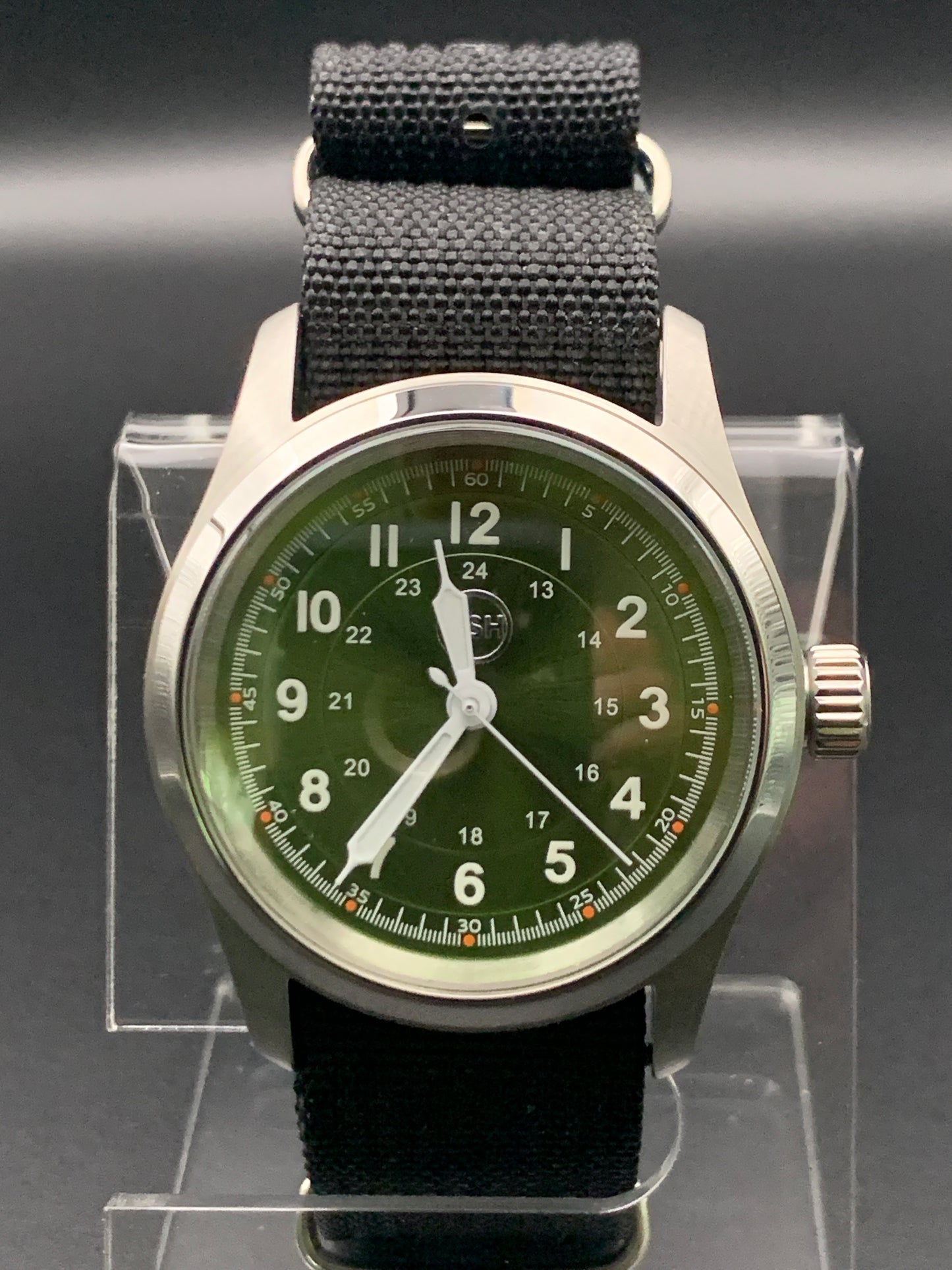 Green Sunray 36mm field watch. Seiko NH38. Sapphire crystal.