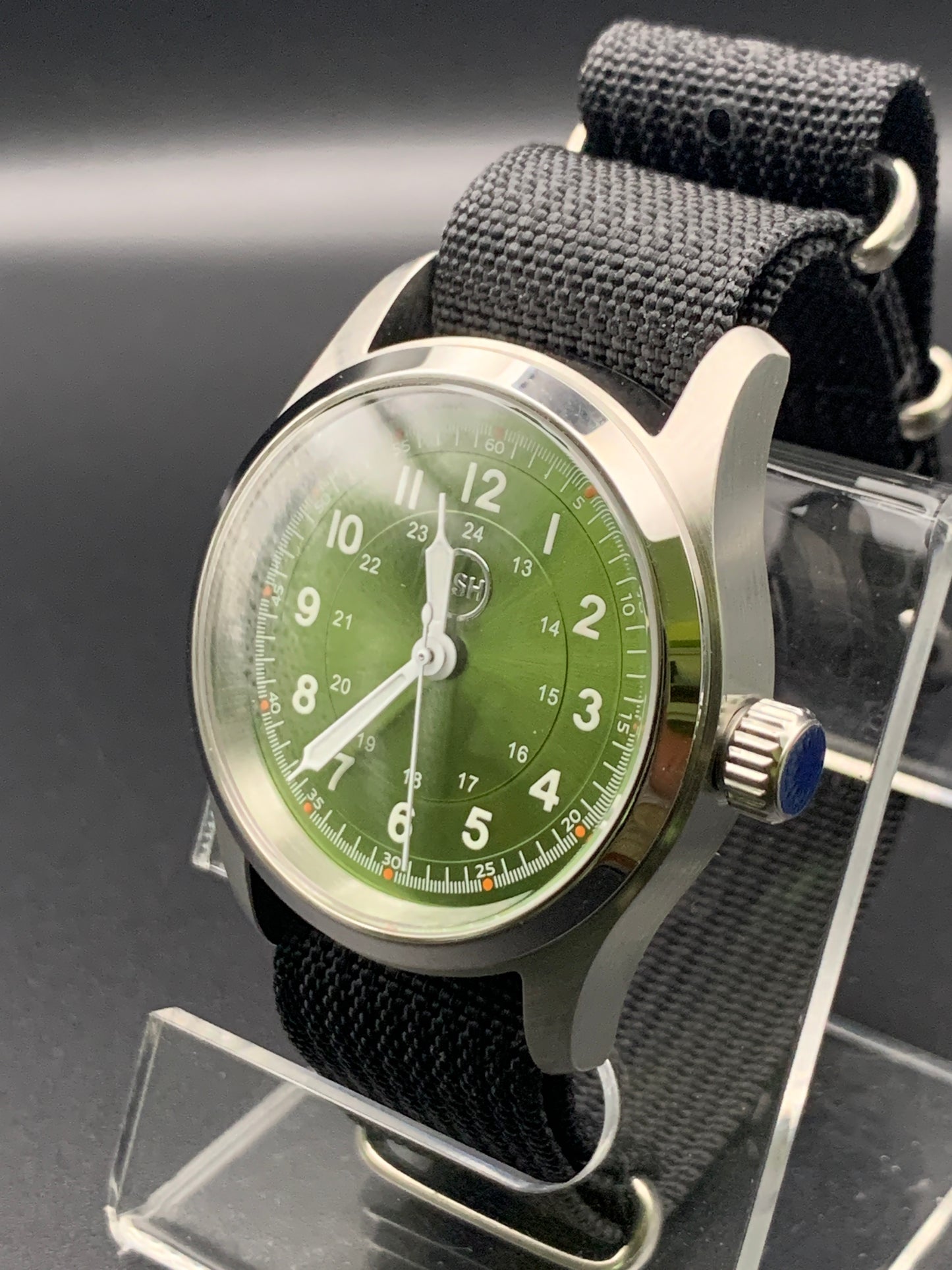 Green Sunray 36mm field watch. Seiko NH38. Sapphire crystal.