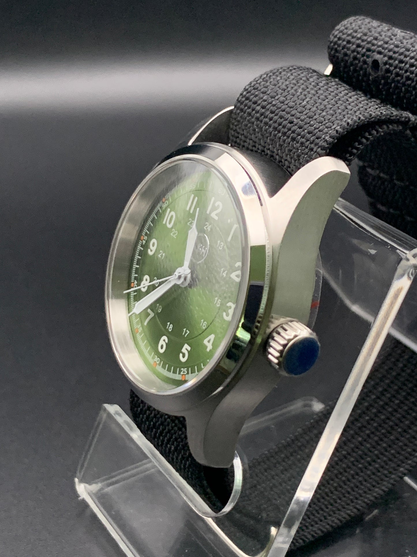 Green Sunray 36mm field watch. Seiko NH38. Sapphire crystal.