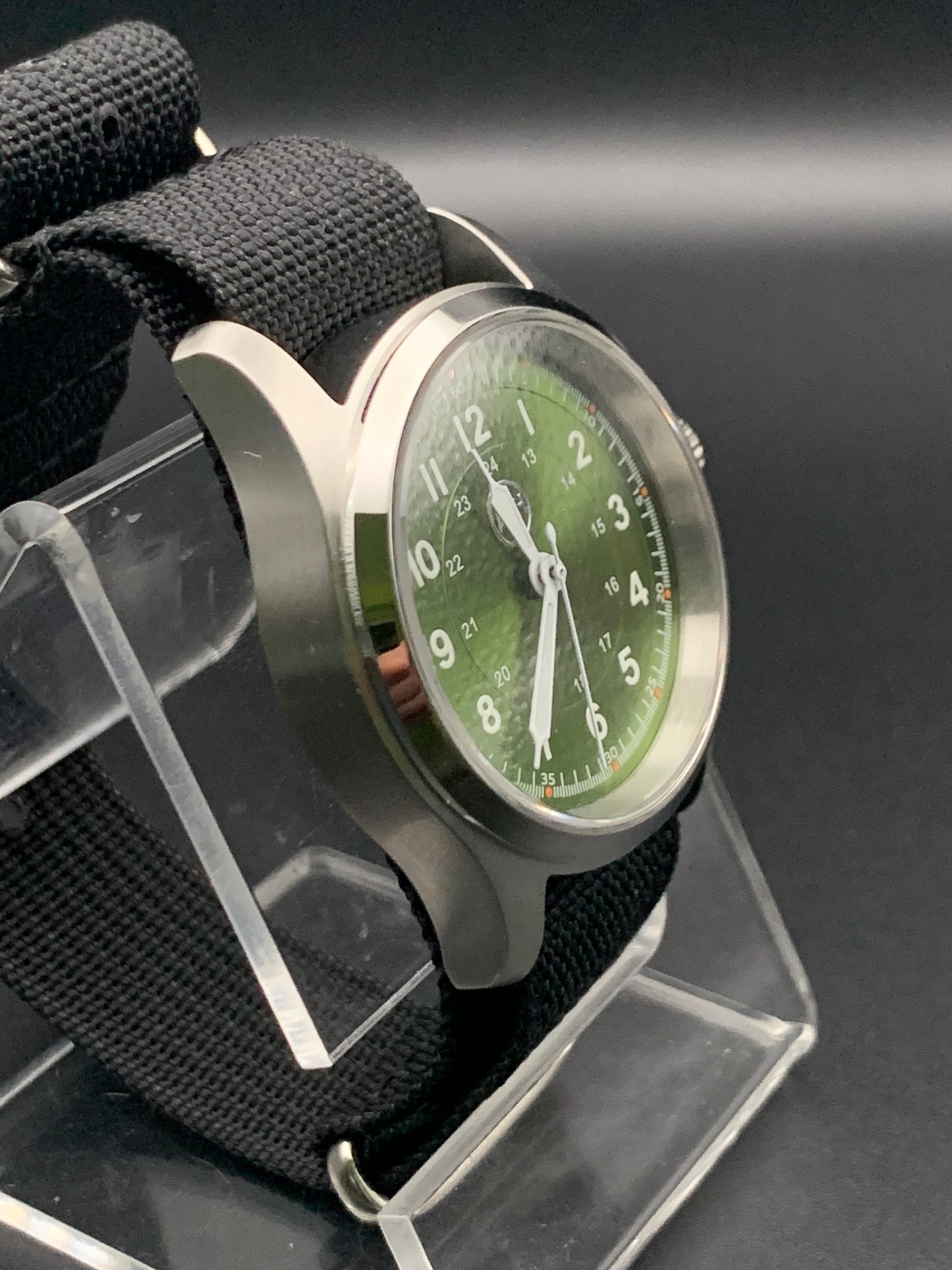 Green Sunray 36mm field watch. Seiko NH38. Sapphire crystal.