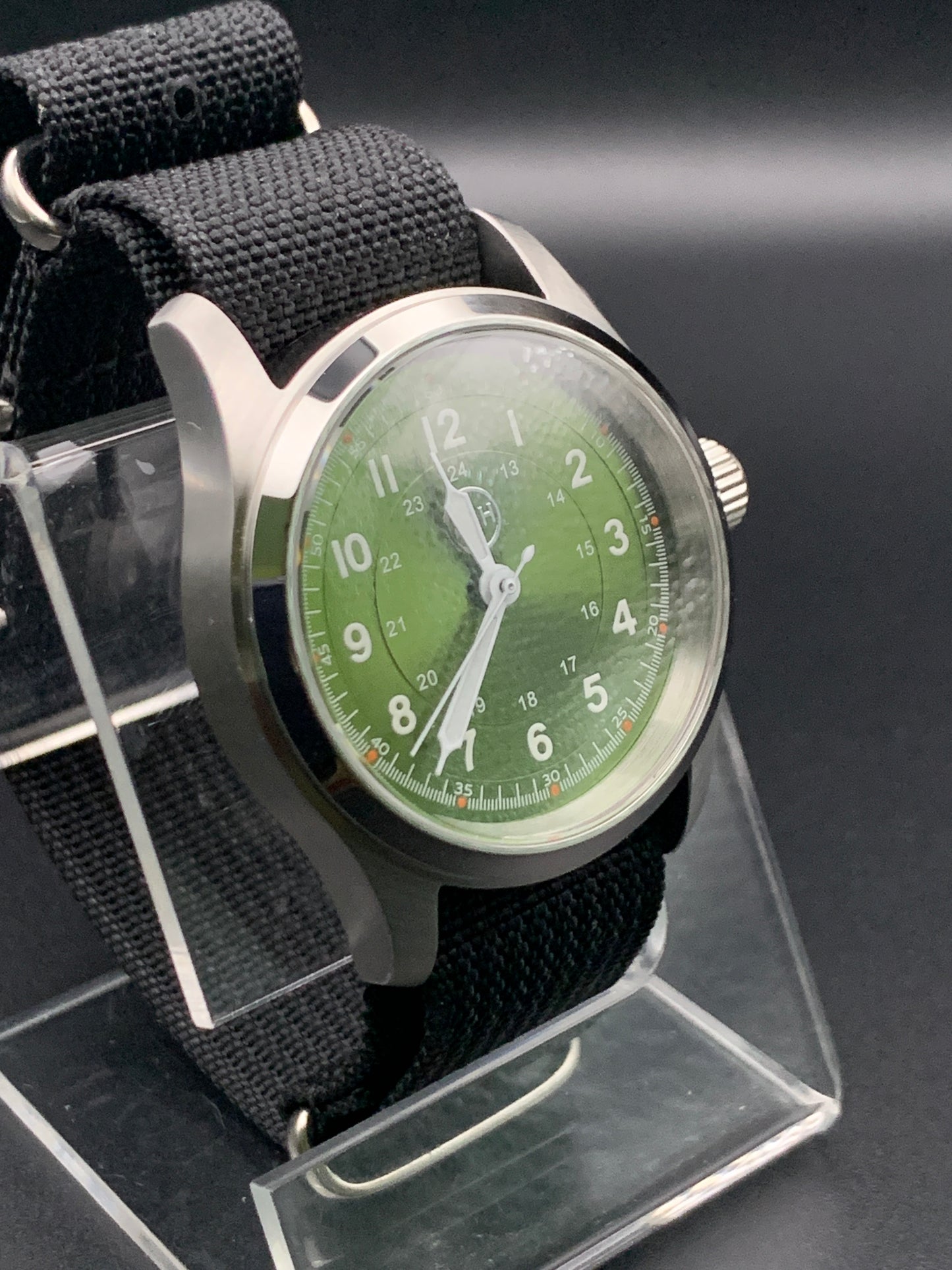 Green Sunray 36mm field watch. Seiko NH38. Sapphire crystal.