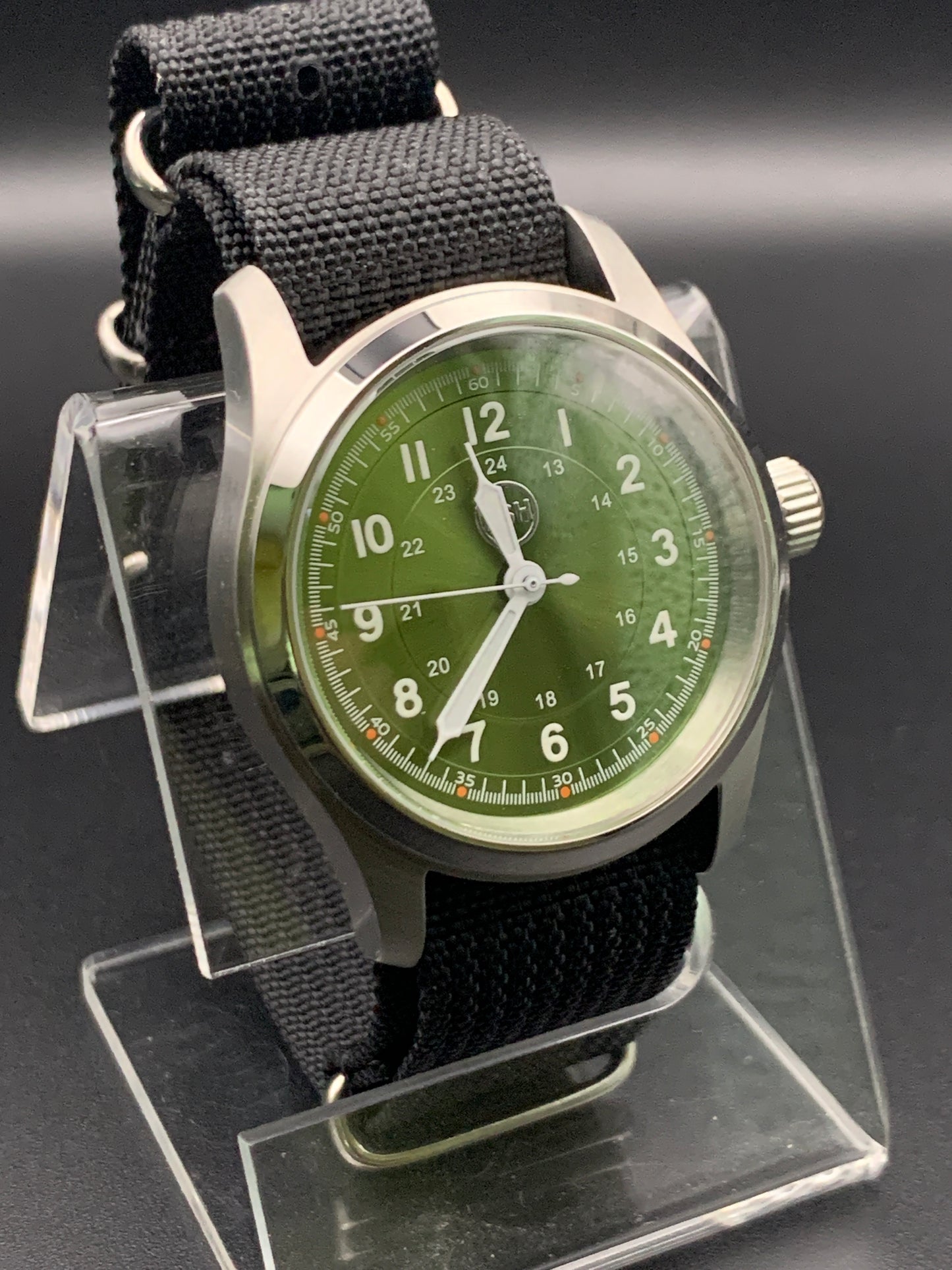Green Sunray 36mm field watch. Seiko NH38. Sapphire crystal.