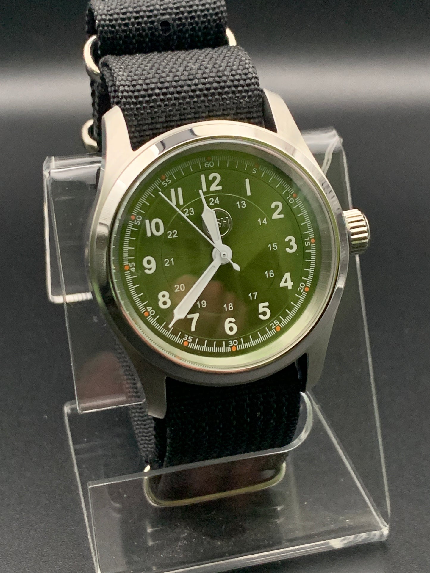 Green Sunray 36mm field watch. Seiko NH38. Sapphire crystal.