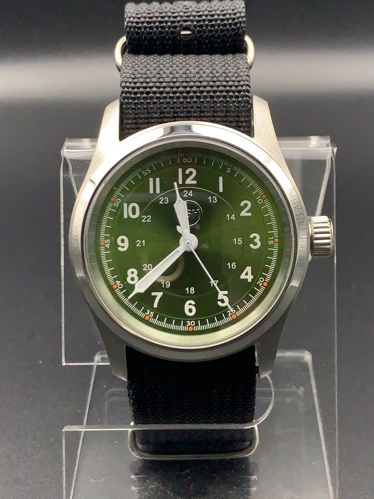 Green Sunray 36mm field watch. Seiko NH38. Sapphire crystal.