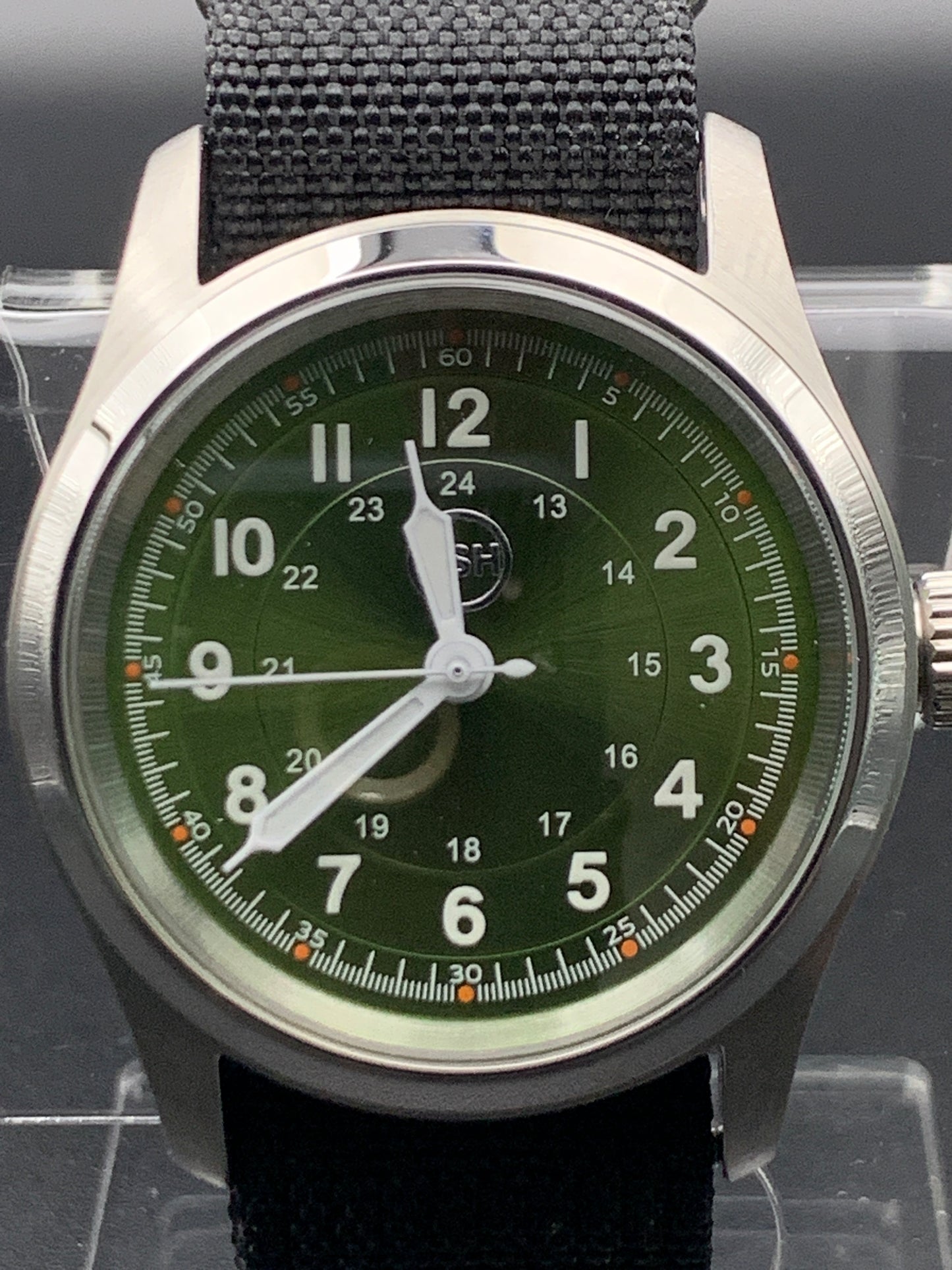 Green Sunray 36mm field watch. Seiko NH38. Sapphire crystal.