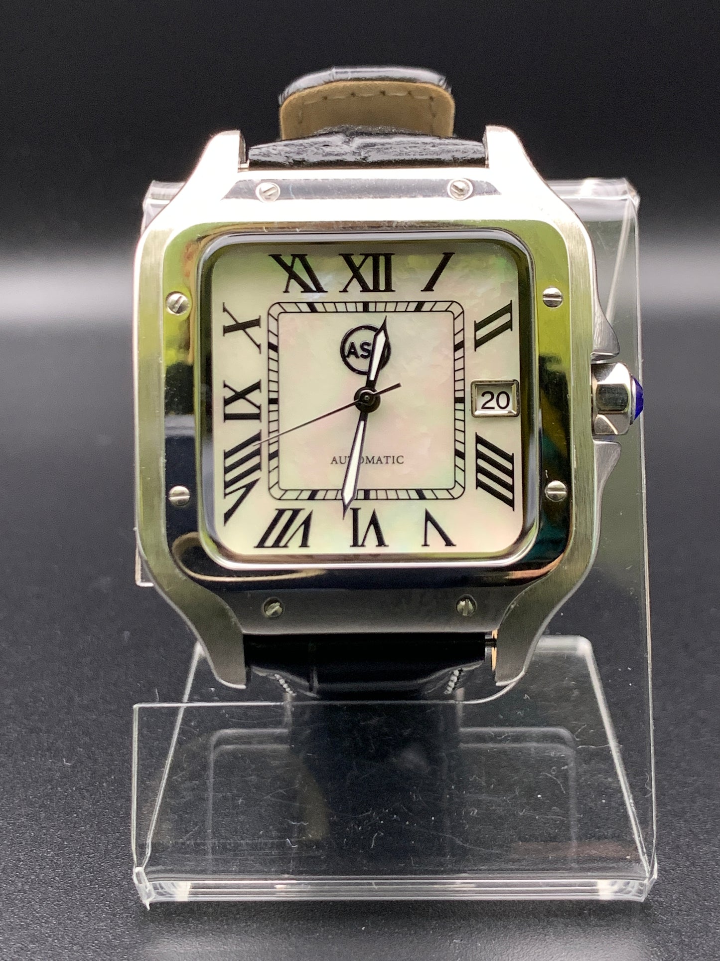 Santos styled 39mm rectangular dress watch. Mother of Pearl dial.