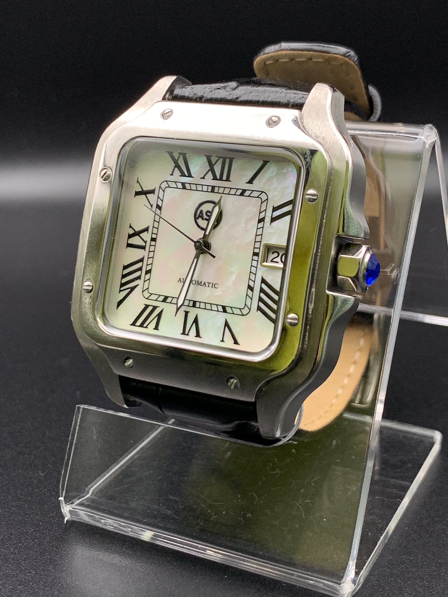Santos styled 39mm rectangular dress watch. Mother of Pearl dial.