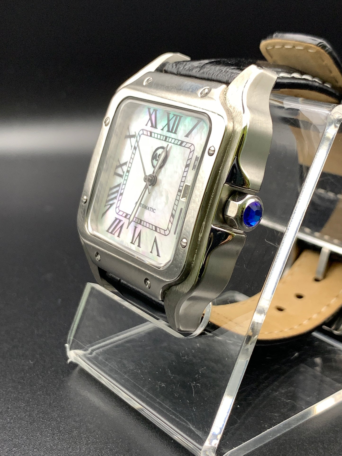 Santos styled 39mm rectangular dress watch. Mother of Pearl dial.