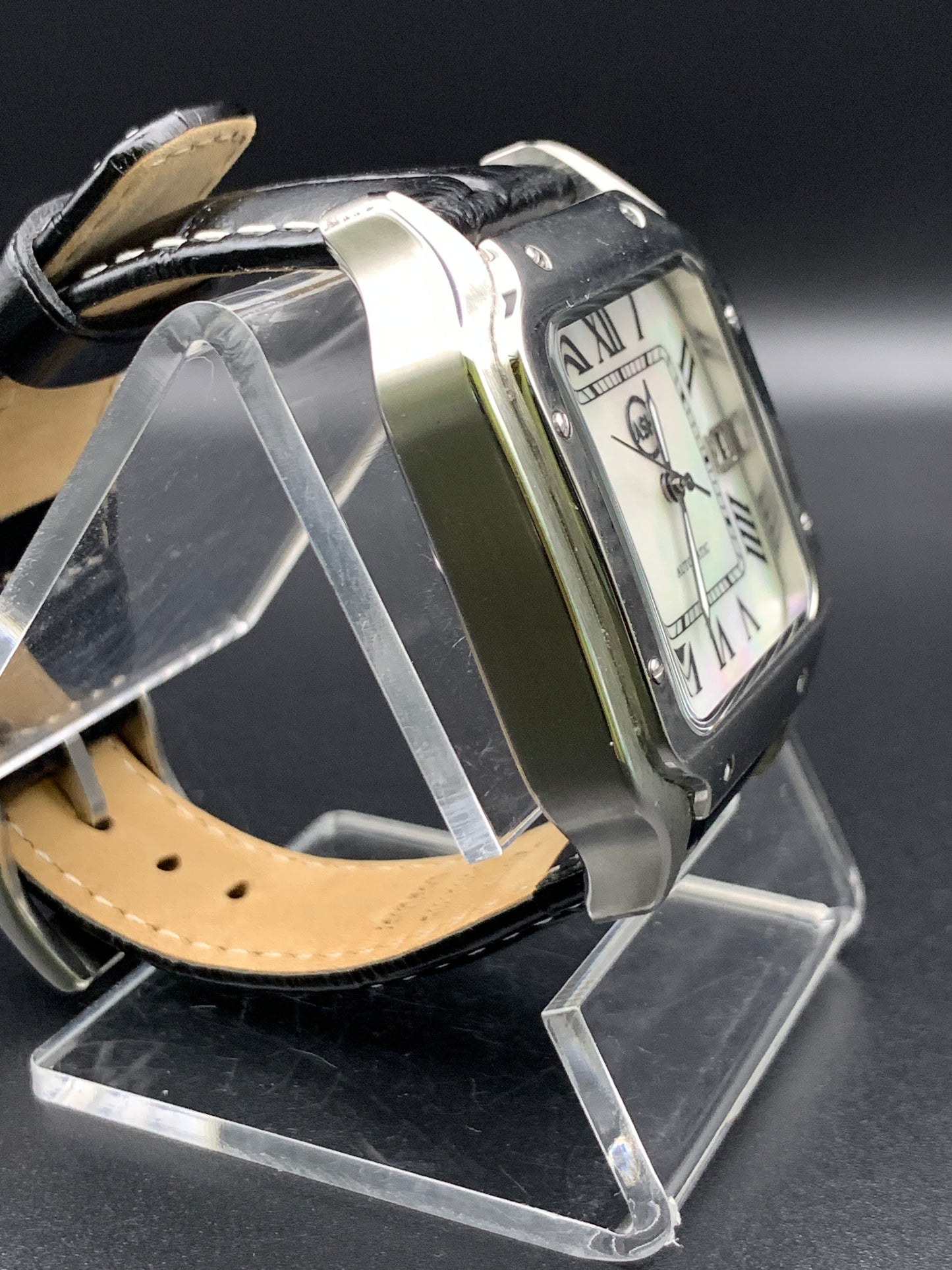 Santos styled 39mm rectangular dress watch. Mother of Pearl dial.