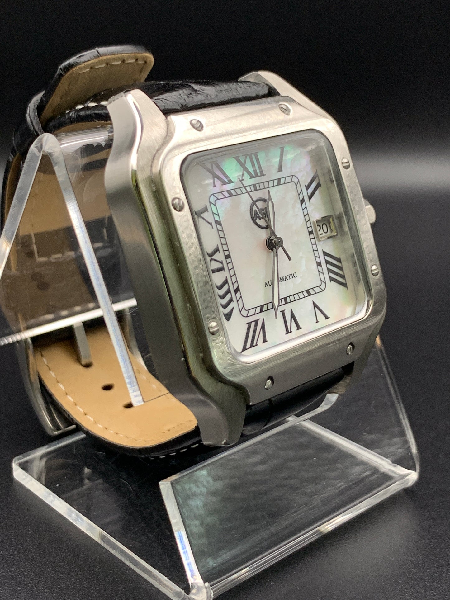 Santos styled 39mm rectangular dress watch. Mother of Pearl dial.