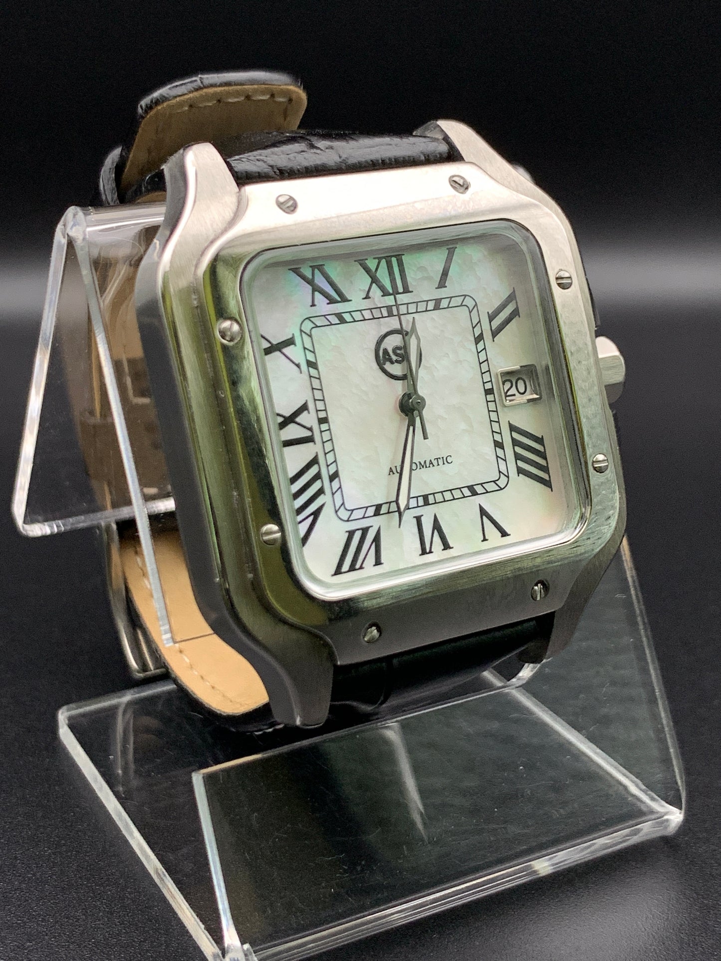 Santos styled 39mm rectangular dress watch. Mother of Pearl dial.
