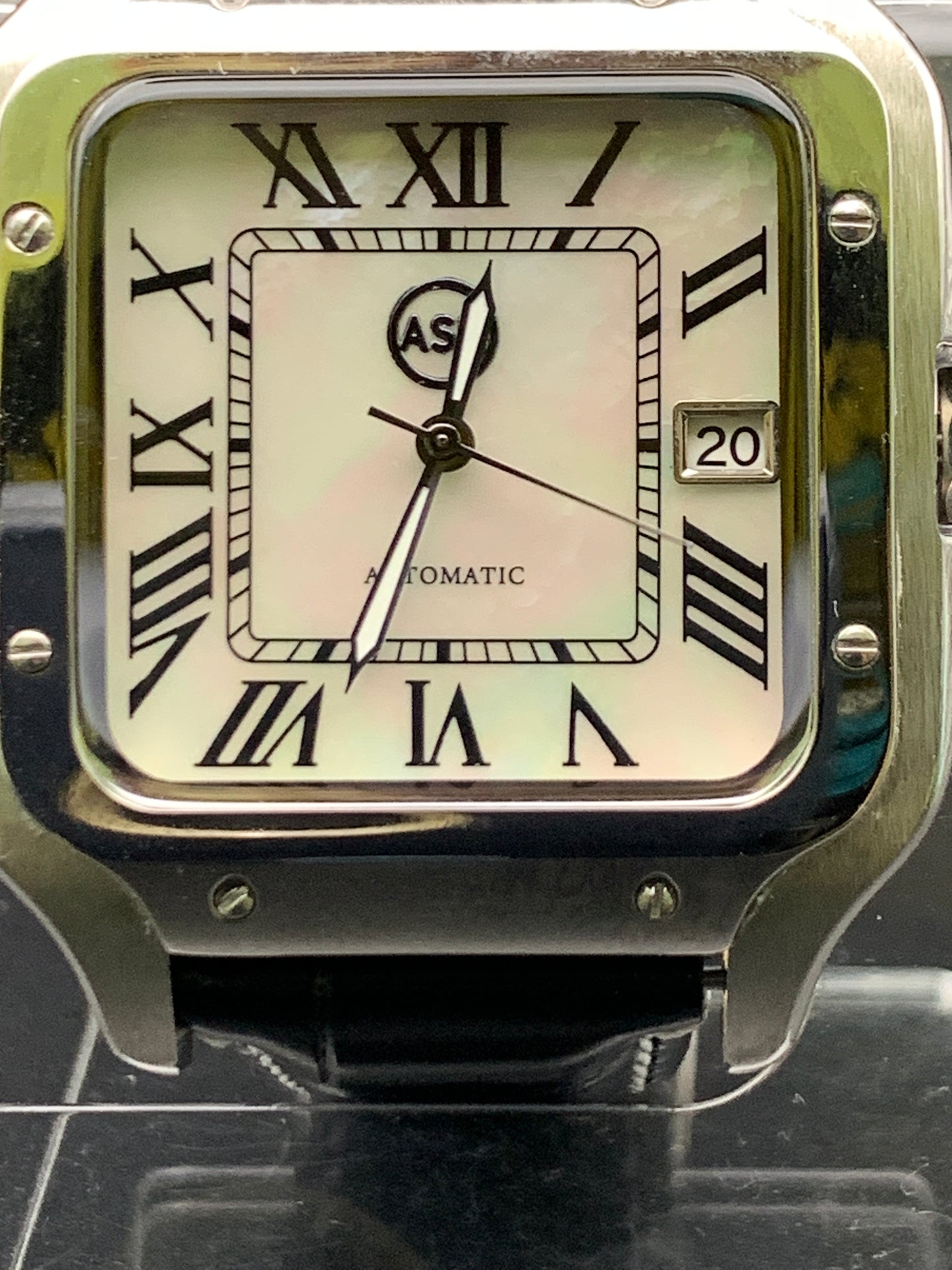 Santos styled 39mm rectangular dress watch. Mother of Pearl dial.