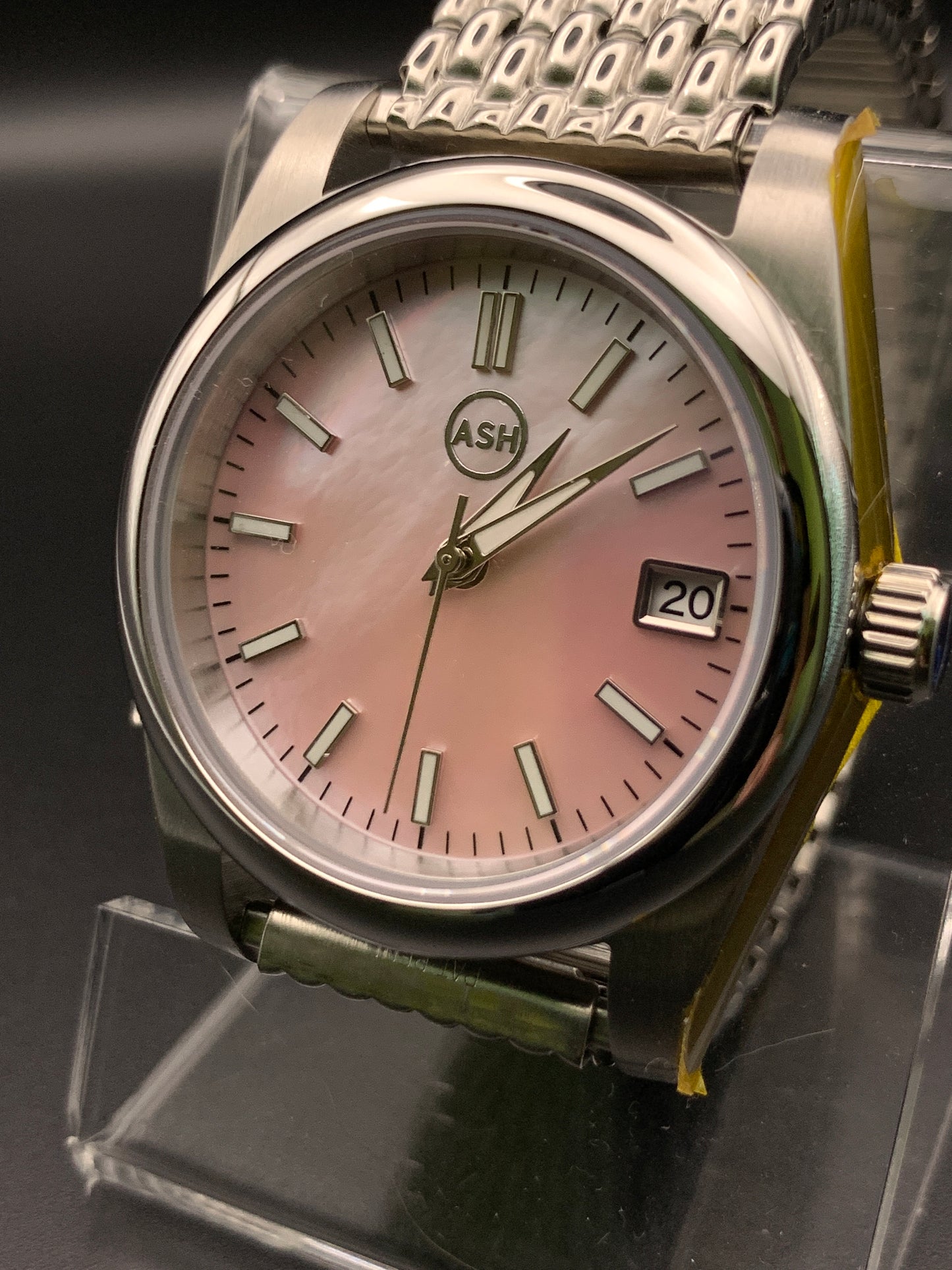 Pink Mother of Pearl 36mm dress Watch. Vintage Speidel bracelet.