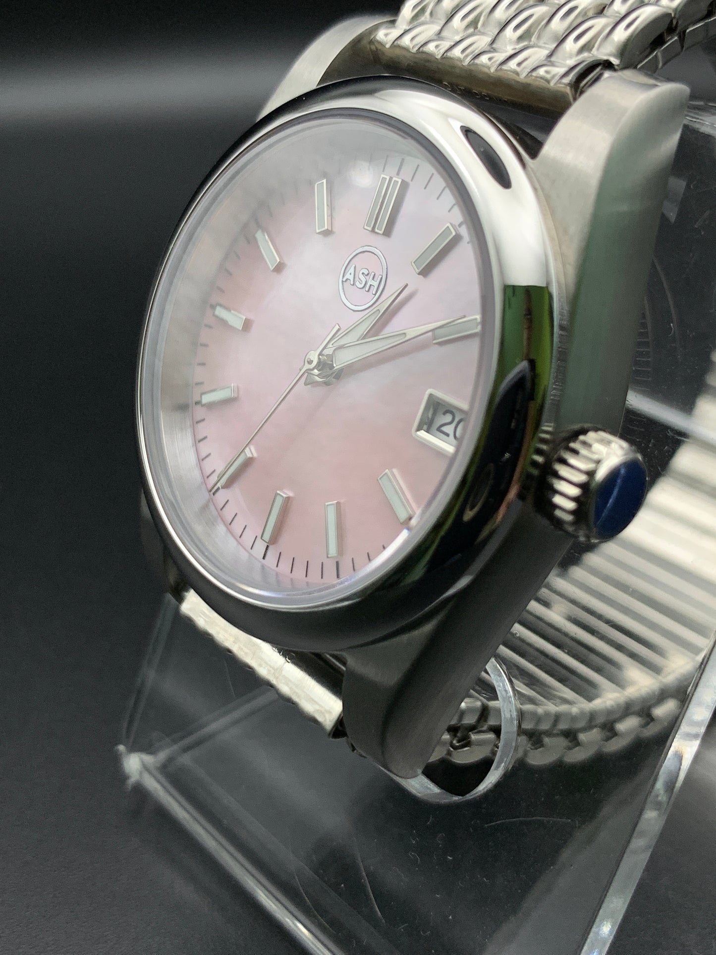 Pink Mother of Pearl 36mm dress Watch. Vintage Speidel bracelet.