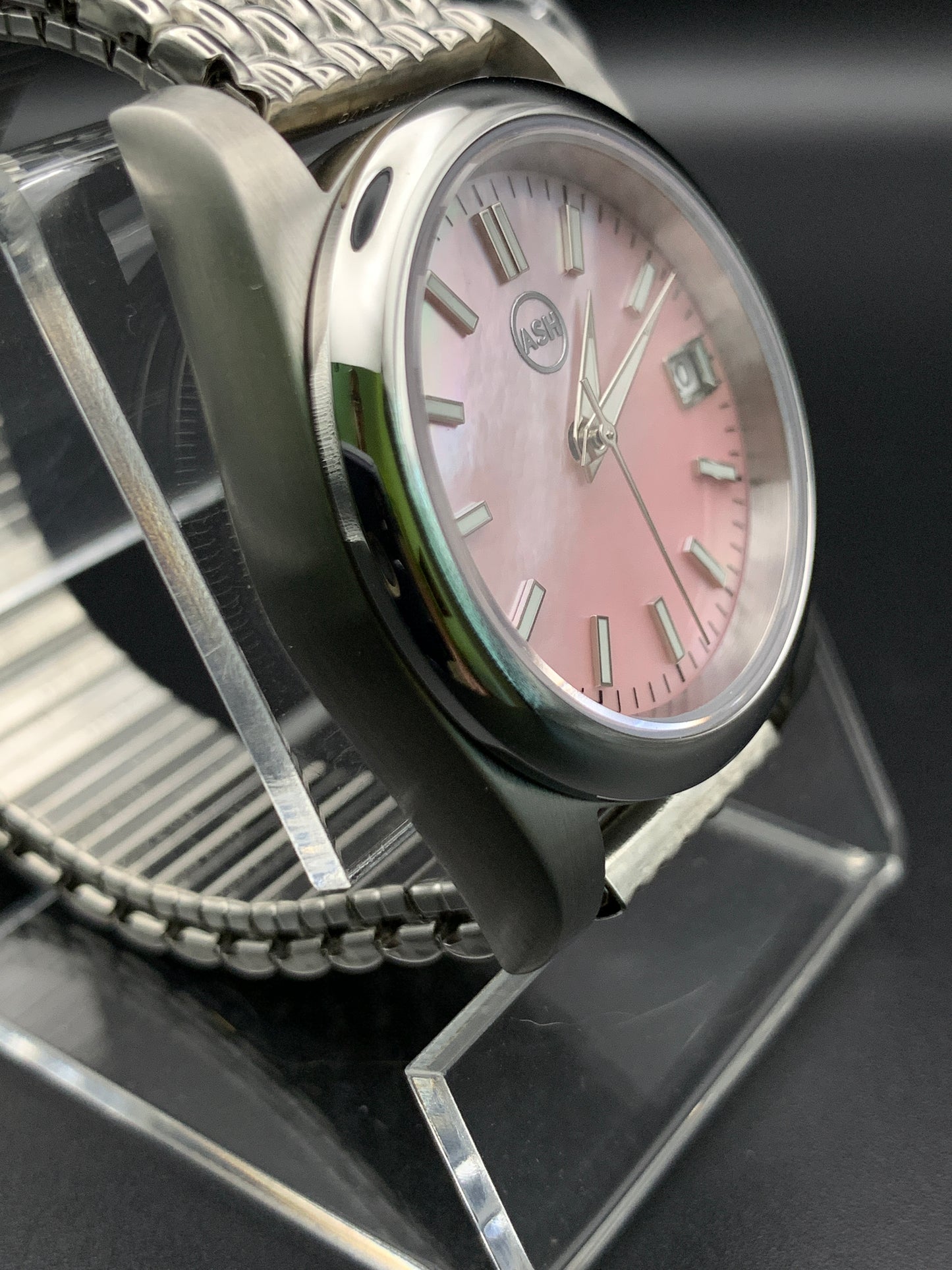 Pink Mother of Pearl 36mm dress Watch. Vintage Speidel bracelet.