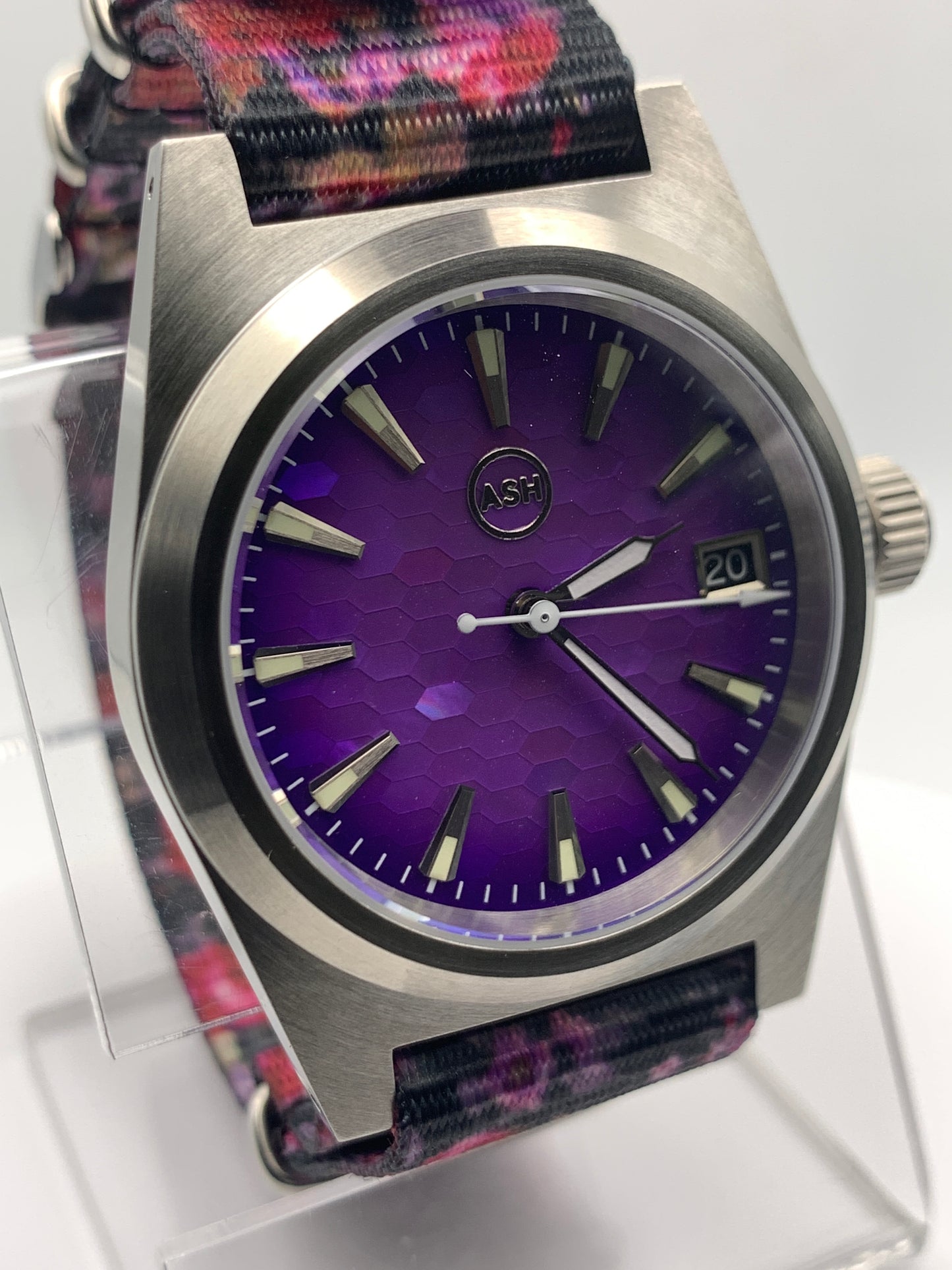 Water Garden. 38mm brushed stainless steel. Mosaic dial. Sapphire crystal with AR. Seiko NH35 automatic.