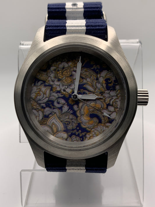Cloth & Steel. 38mm brushed stainless steel. Ornate dial. Sapphire crystal. Seiko NH38