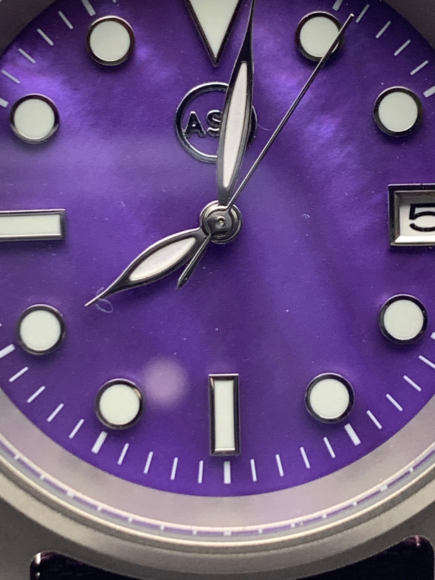 Larkspur 1.1 - 36mm Titanium field watch. Purple MOP dial. Seiko NH35.