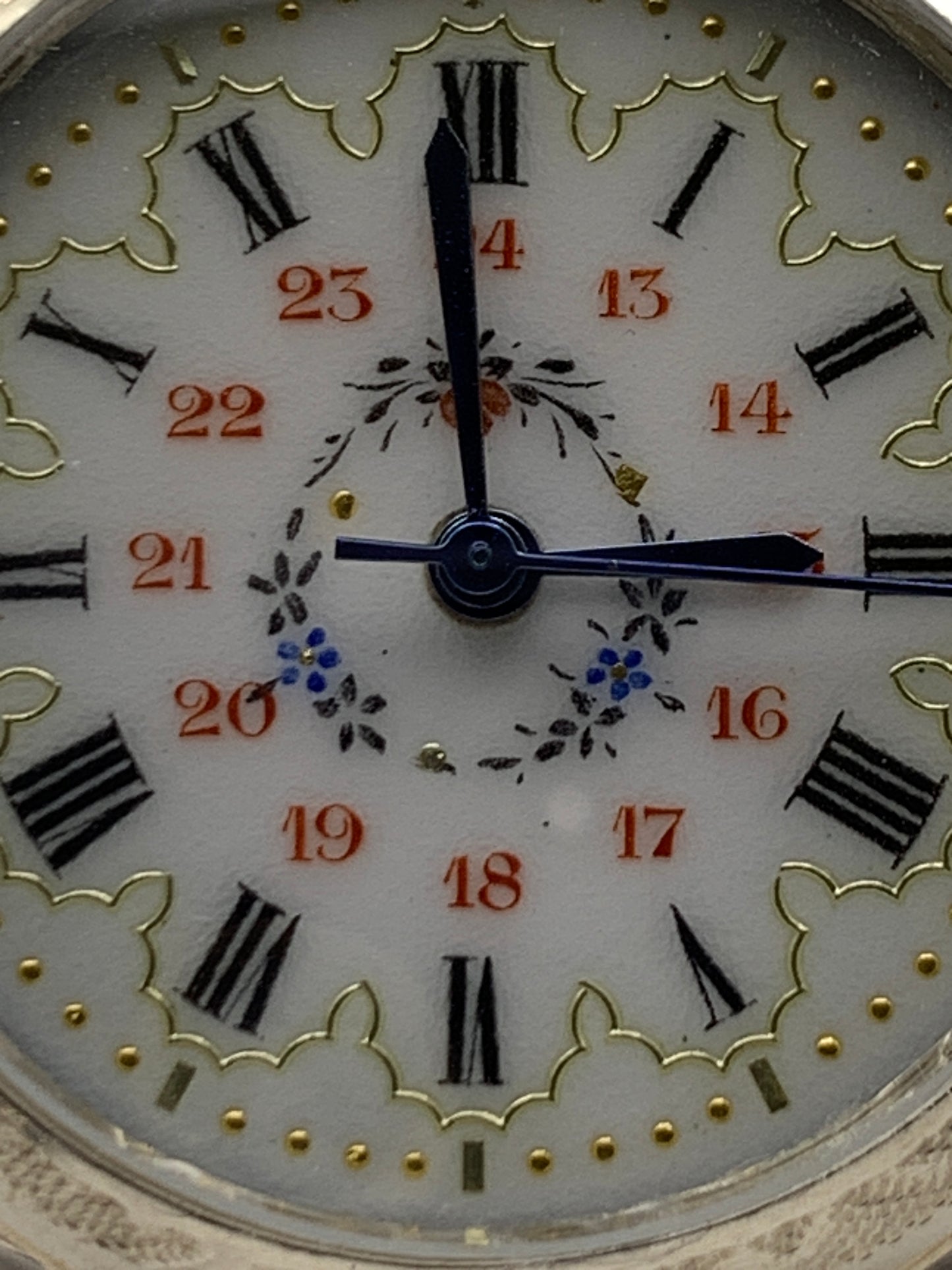‘Sold - Amuse-bouche. 30mm pocket / necklace watch. NOS Argentan alloy case and hand painted enamel dial. Sapphire crystal. Miyota 2036. 24” sterling necklace.