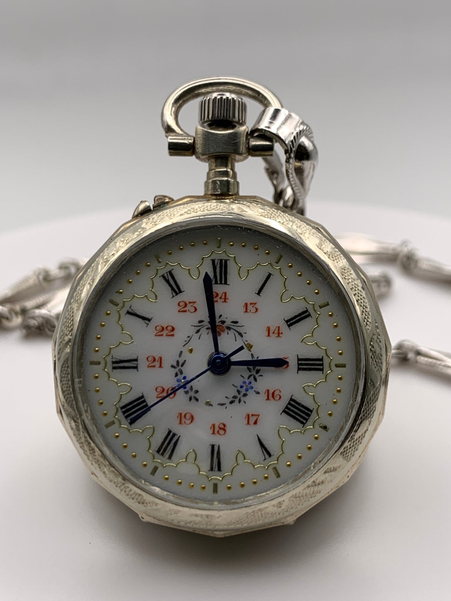 ‘Sold - Amuse-bouche. 30mm pocket / necklace watch. NOS Argentan alloy case and hand painted enamel dial. Sapphire crystal. Miyota 2036. 24” sterling necklace.