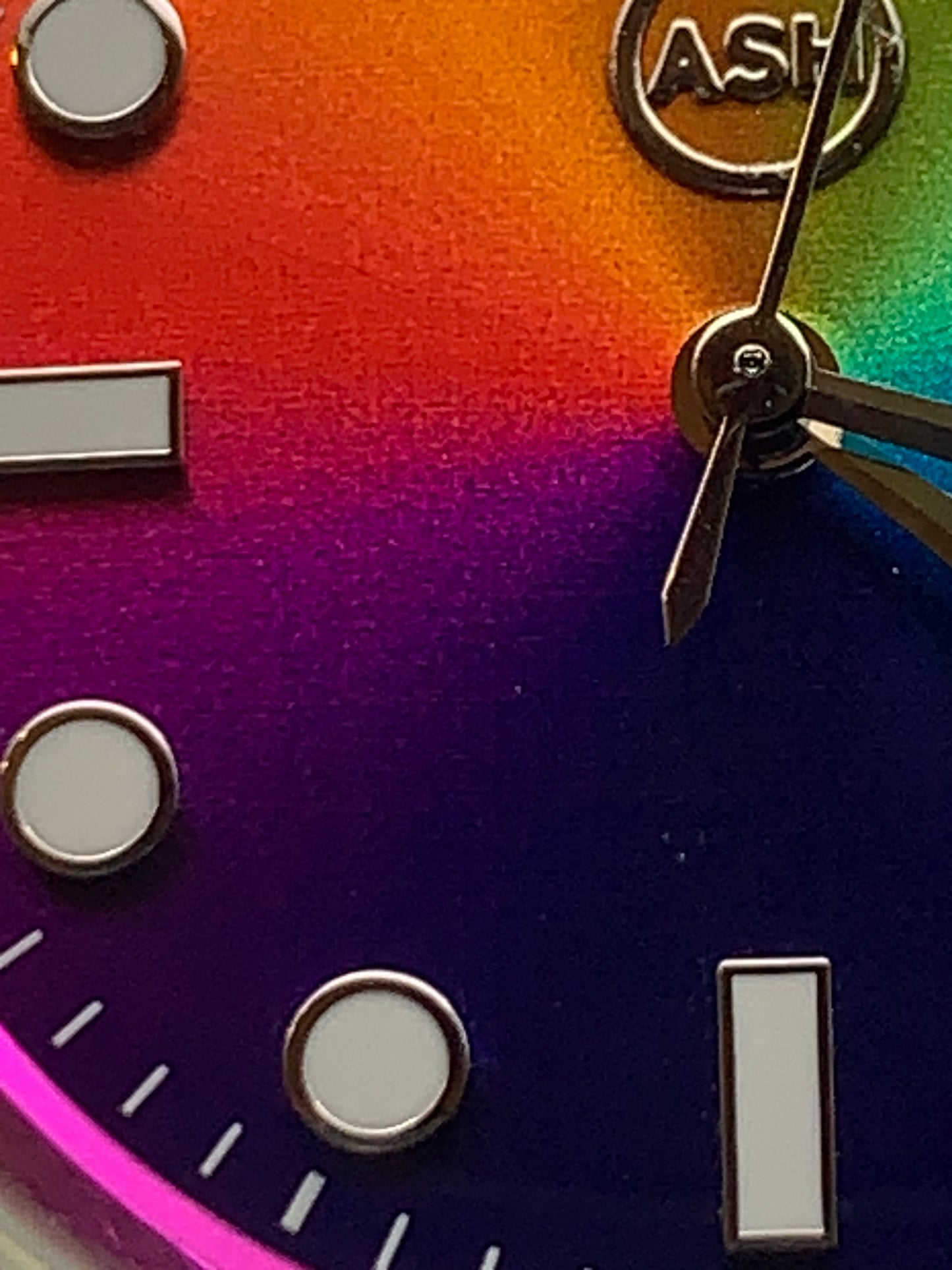 Portable rainbow. 38mm thermally colored stainless steel case and case back. Double dome K-1 mineral crystal. Seiko NH35.
