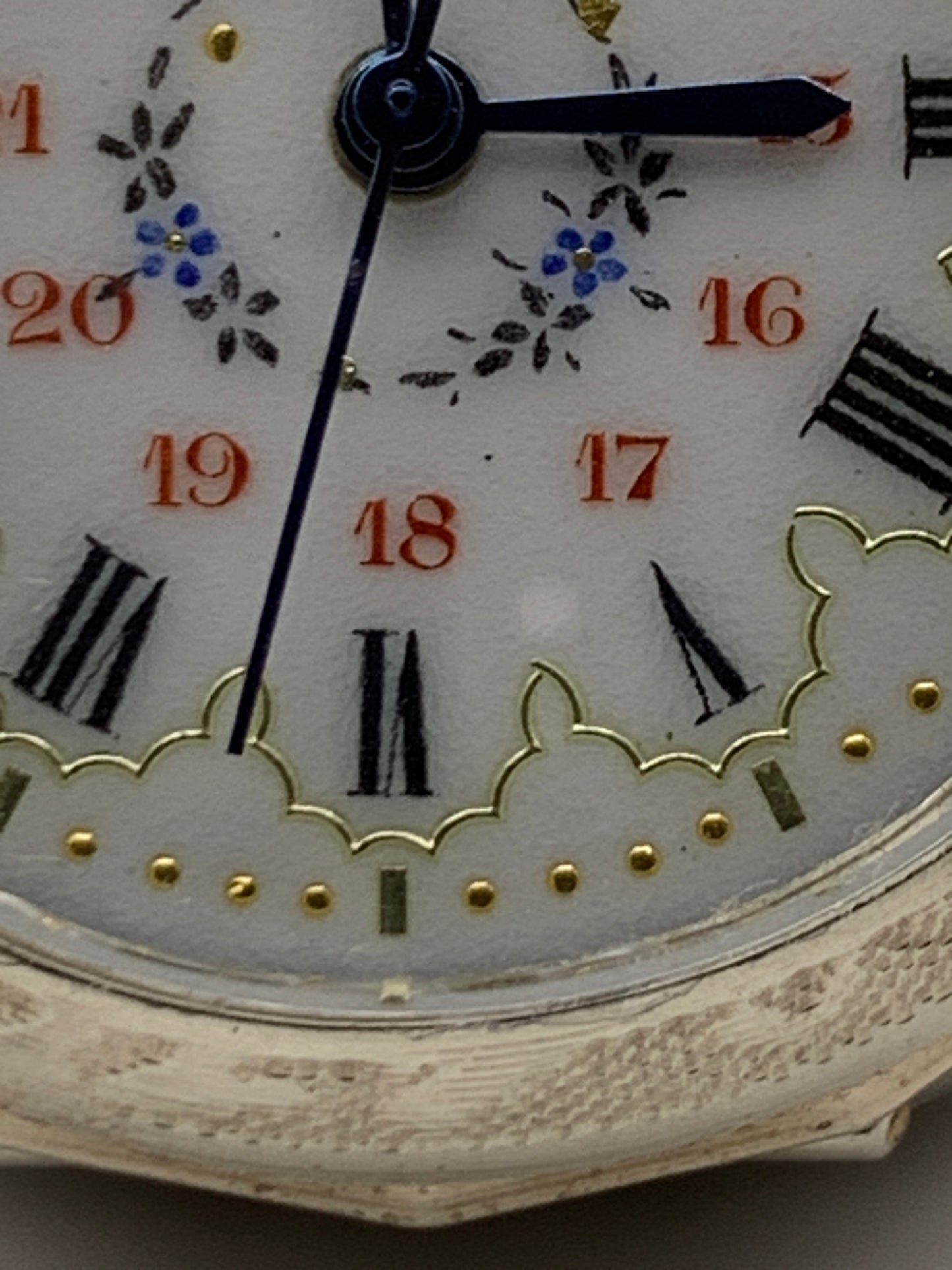 ‘Sold - Amuse-bouche. 30mm pocket / necklace watch. NOS Argentan alloy case and hand painted enamel dial. Sapphire crystal. Miyota 2036. 24” sterling necklace.