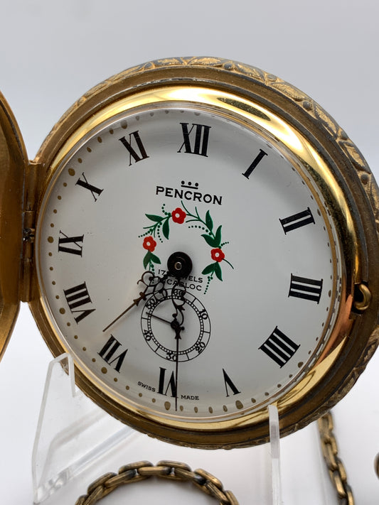 Pencron 44mm Swiss pocket watch. Unitas 6325 hand winding movement. Acrylic dome. Period correct chain and pocket knife.