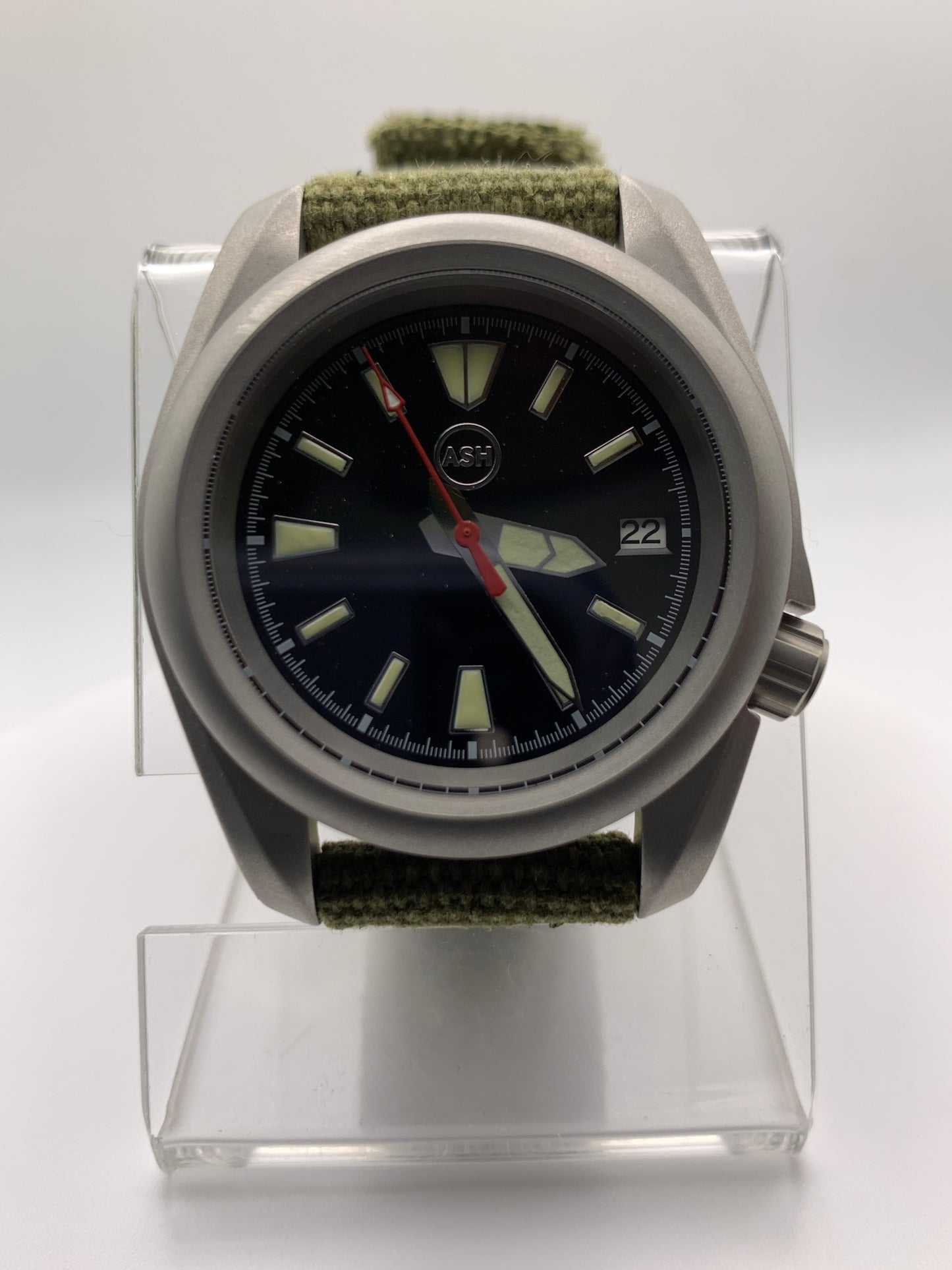 Outrider. 38mm bead blasted stainless steel. Crown at 3.8.  Sapphire crystal. Seiko NH35.