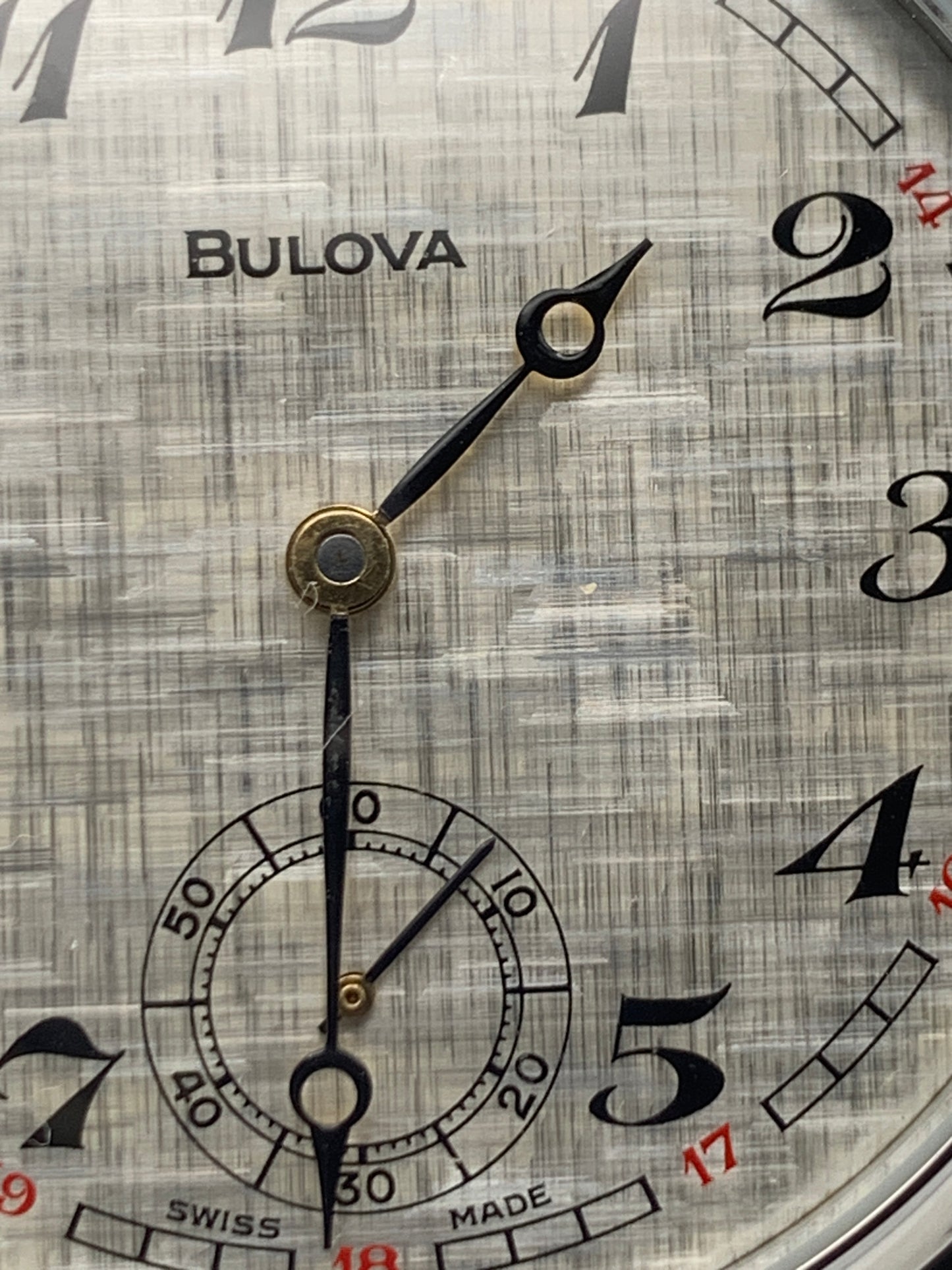 Andrew. 44mm Bulova pocket watch conversion.  Original linen dial and Unitas 6498 movement. Serviced with a new mainspring. Sapphire crystal.